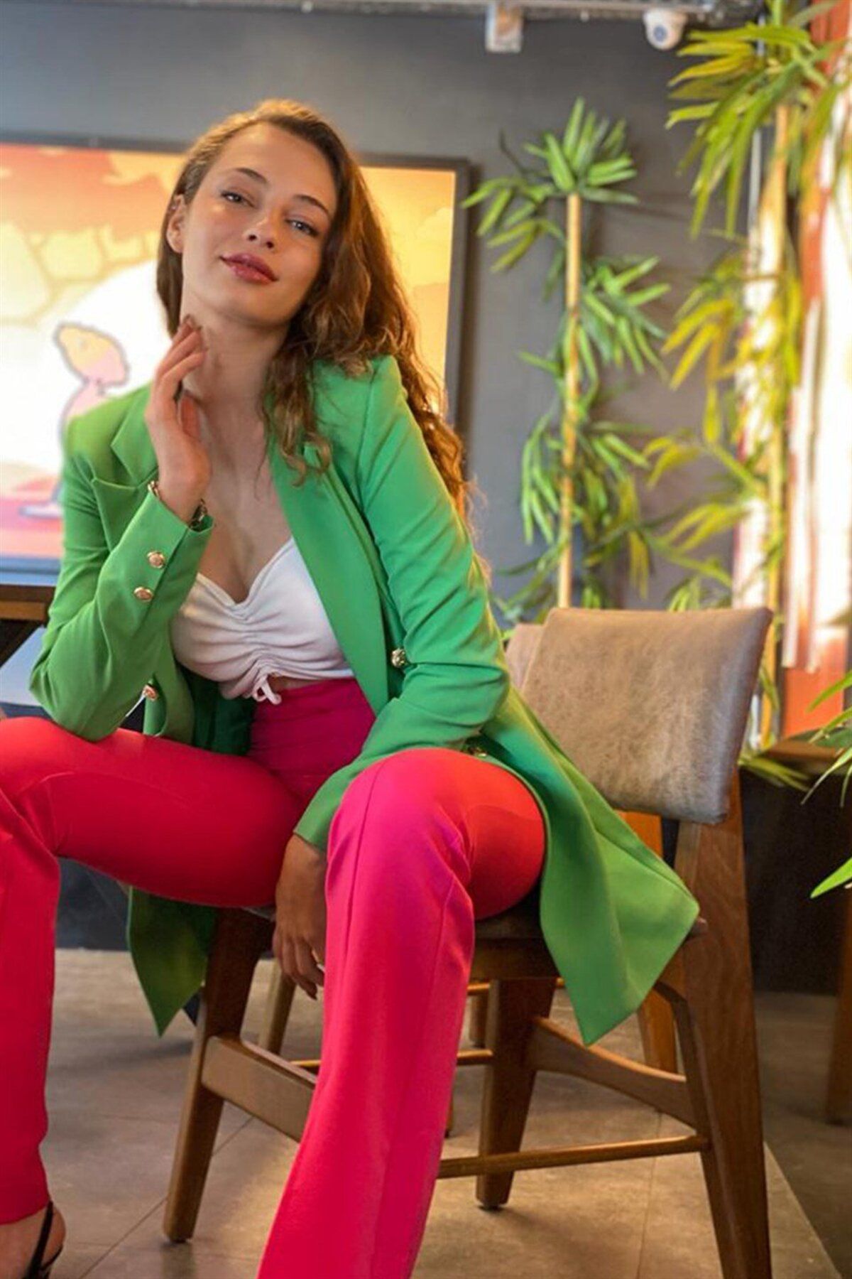 VAPUR TEKSTİL Jachetă Verde Atlas Blazer - Umeri Căptușiți Și Design Frontal Cu Capse Femeie - S