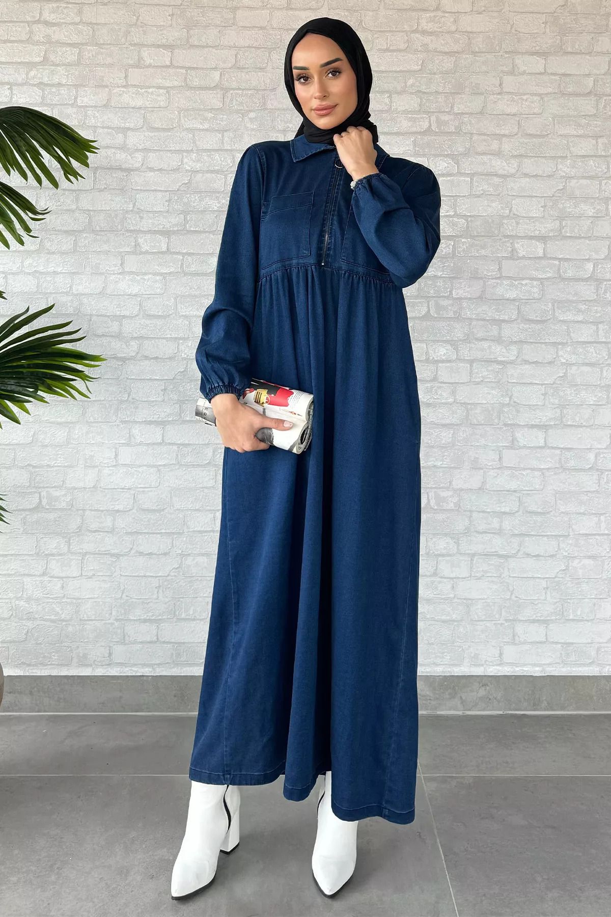 julude-Navy Blue Front Zippered Hijab Jean Jeans Dress 5