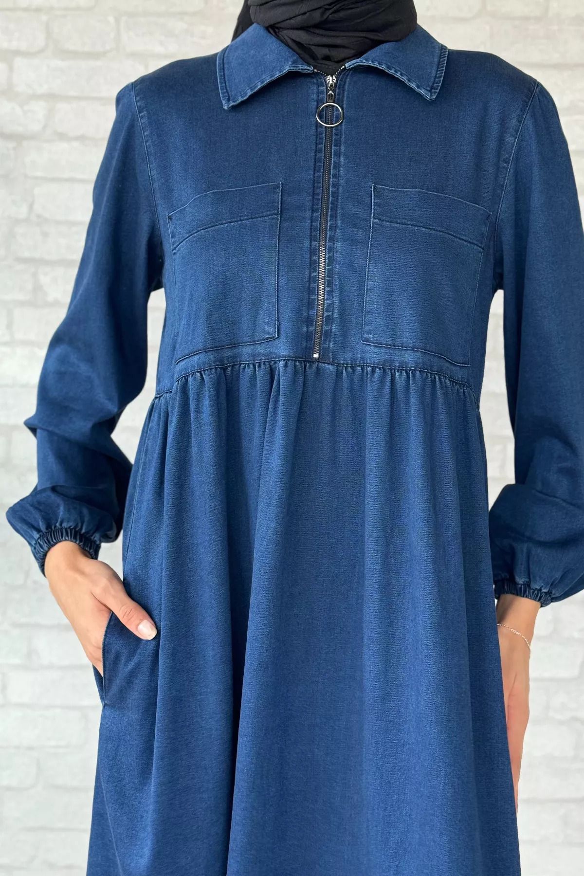 julude-Navy Blue Front Zippered Hijab Jean Jeans Dress 7