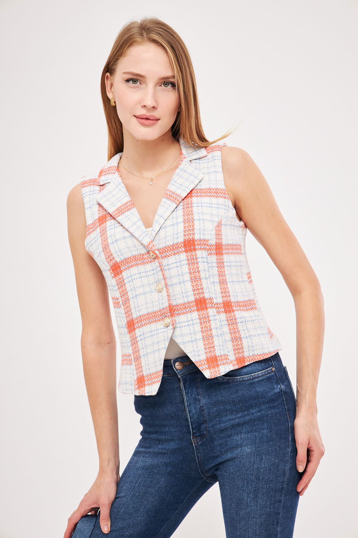 armonika-Women's Orange-Blue Men's Collar Fitted Lined Plaid Vest Arm-25K 001032 4