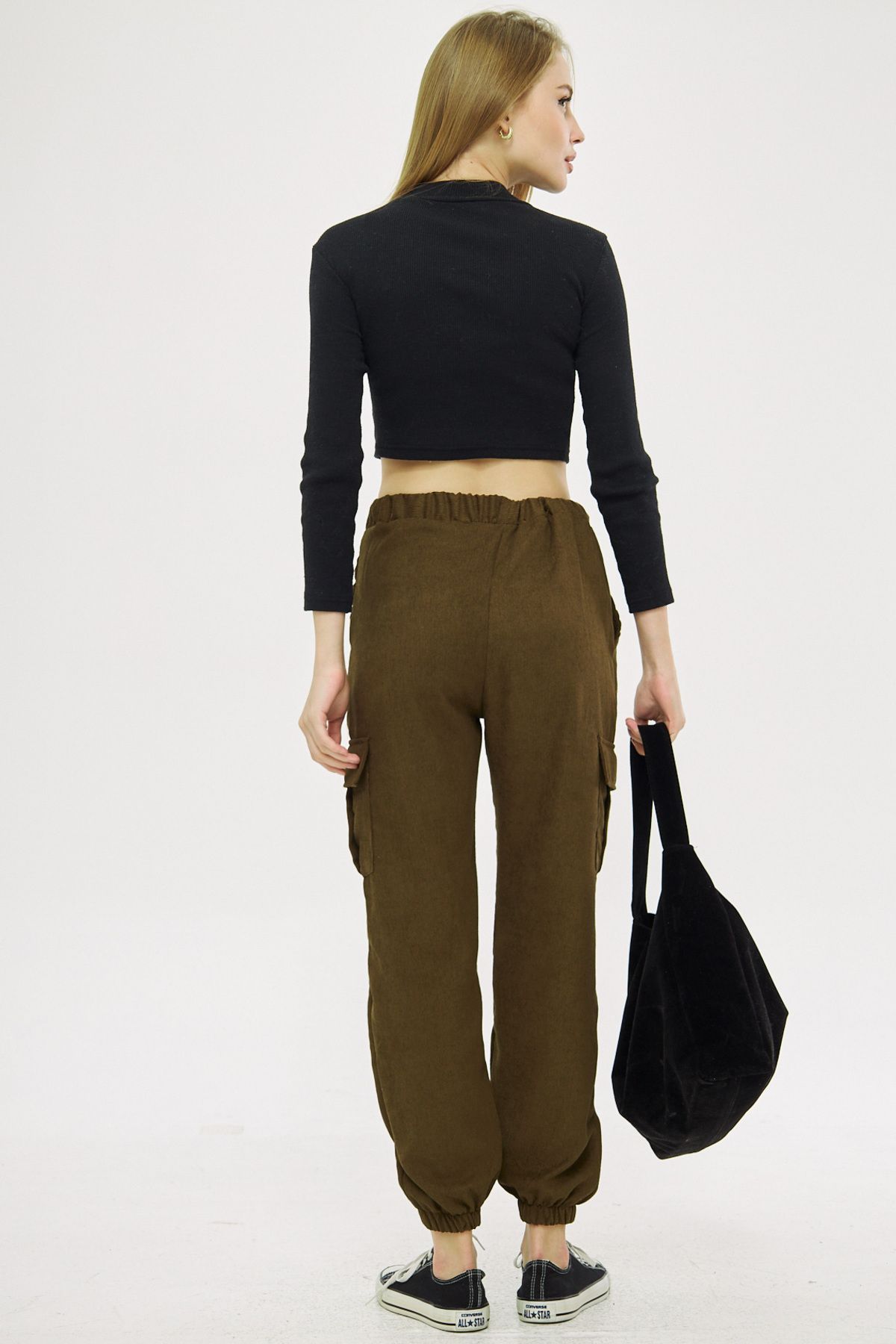 armonika-Women's Dark Khaki Velvet Thin Corduroy Cargo Pants with Elastic Waist and Legs Arm-25K 001035 5