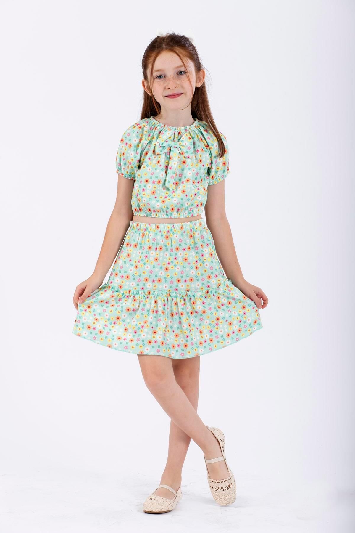 zepkids-Green Colored Girl's Skirt Set - Bow Detail 2