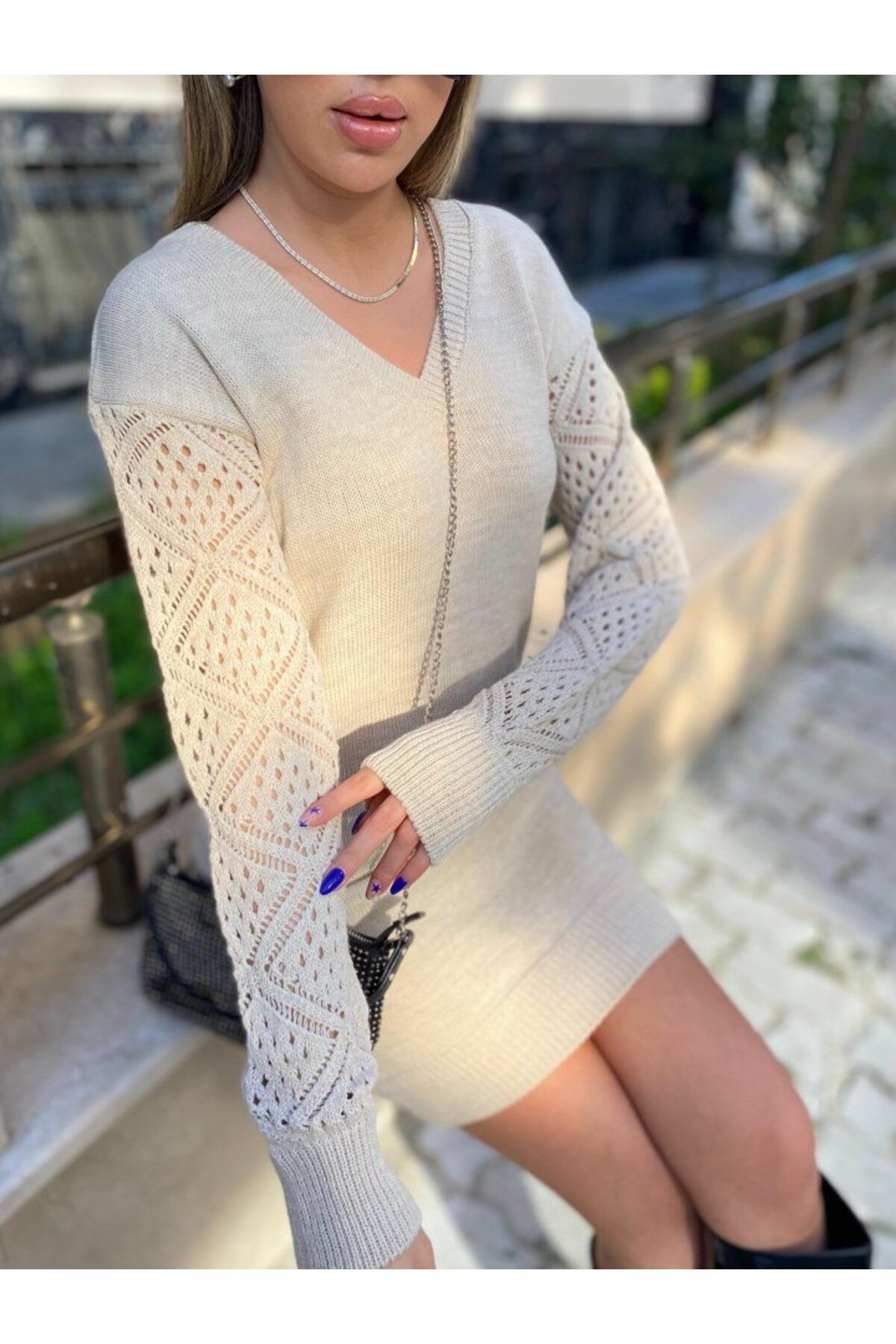 AhEs Shopping Kadın Uzun Kollu V Yakalı Mini Triko Elbise