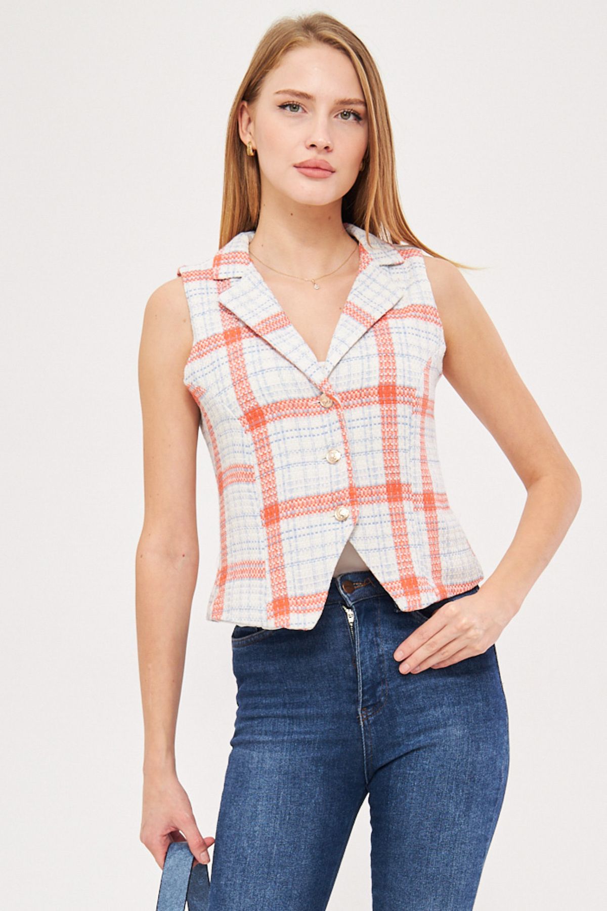 armonika-Women's Orange-Blue Men's Collar Fitted Lined Plaid Vest Arm-25K 001032 2