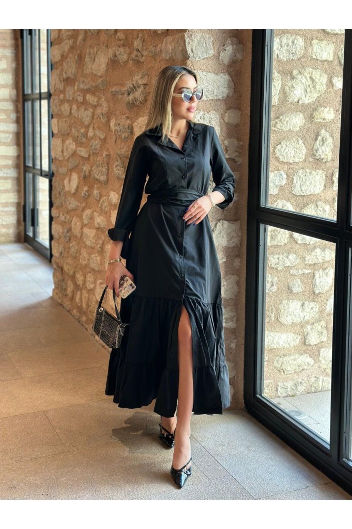 leyla sanat sanata yeni bir bakış açısı leyla sanat sanata yeni bir bakış açısı Kadın Uzun Kollu Eteği Fırfırlı Beli Kuşaklı Trikoton Tam Bo