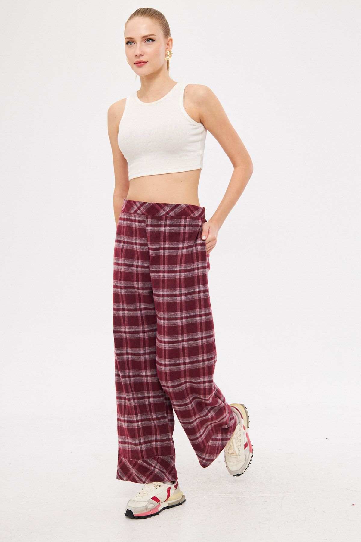 armonika-Women's Burgundy-Grey Back Waist Elastic Leg Detailed Pocket Palazzo Trousers Arm-25K 001018 3