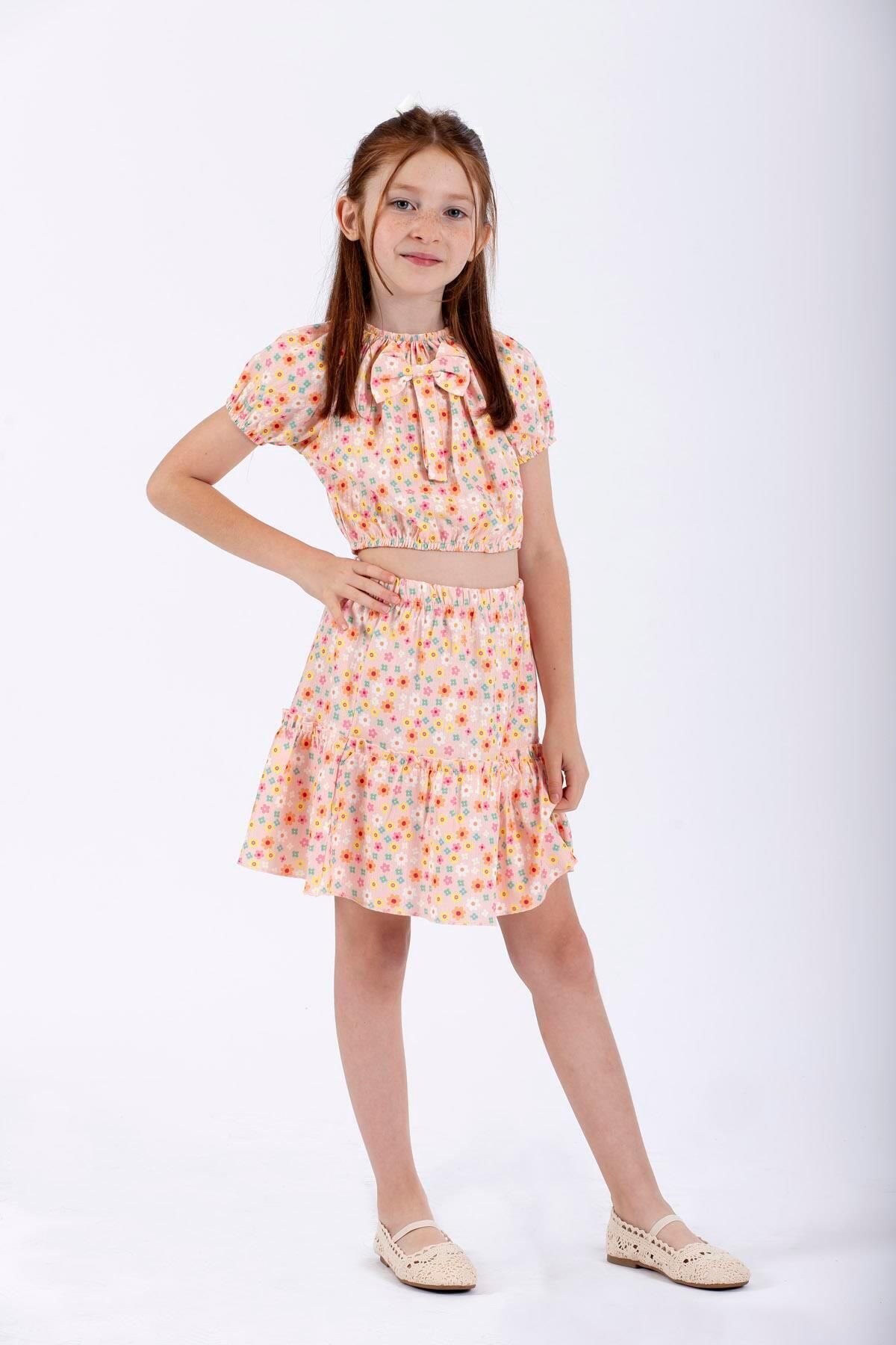 zepkids-Pink Colored Girl's Skirt Set - Bow Detail on the Front 1