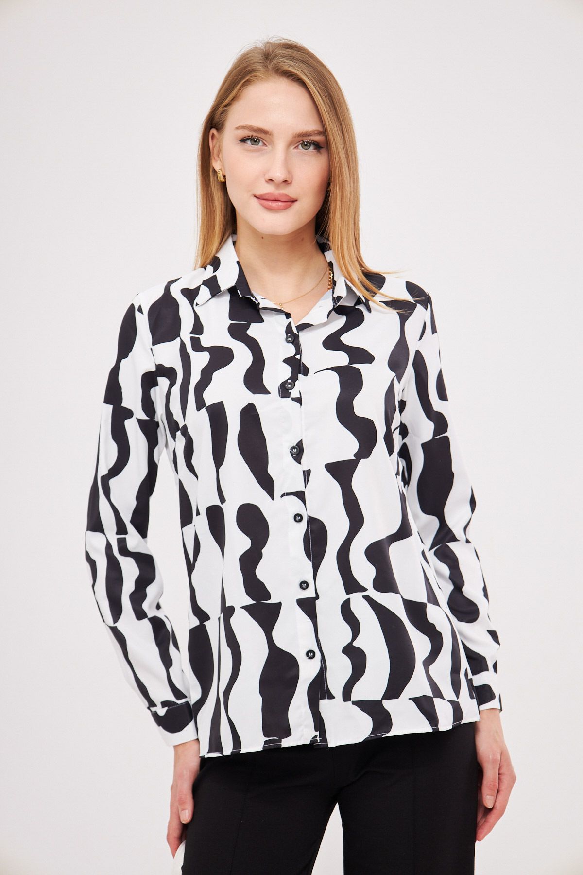 armonika-Women's White Patterned Long Sleeve Shirt ARM-24K001017 2