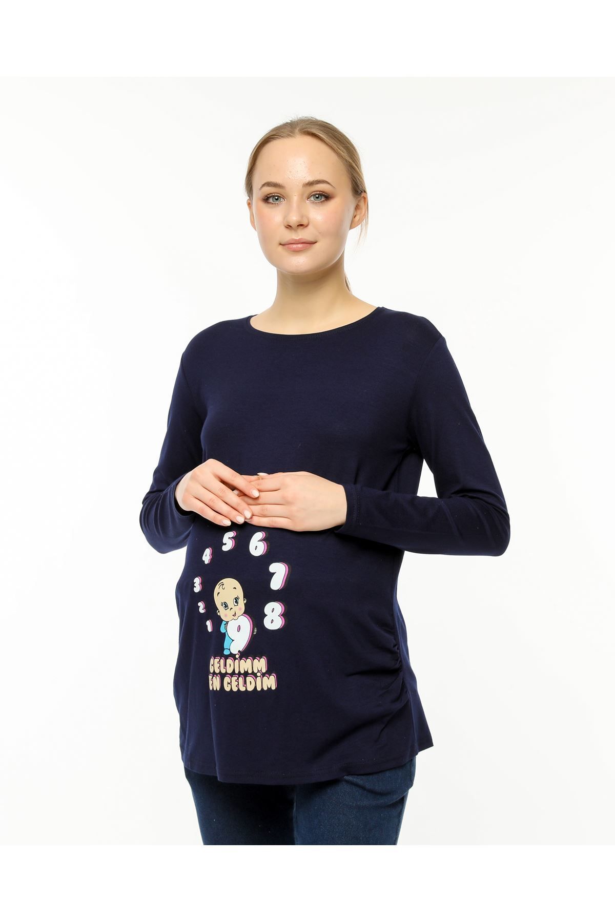 Aymer-Long Sleeve Printed Navy Blue Maternity T-Shirt 2