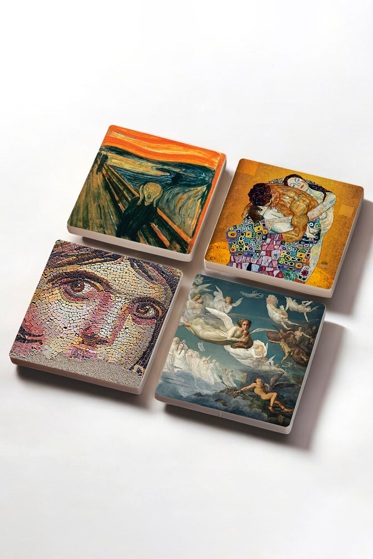 Pinecone-The Scream, Gypsy Girl Mosaic, Gustav Klimt Family Embrace, Crossing of Souls Stone Coaster Set 2