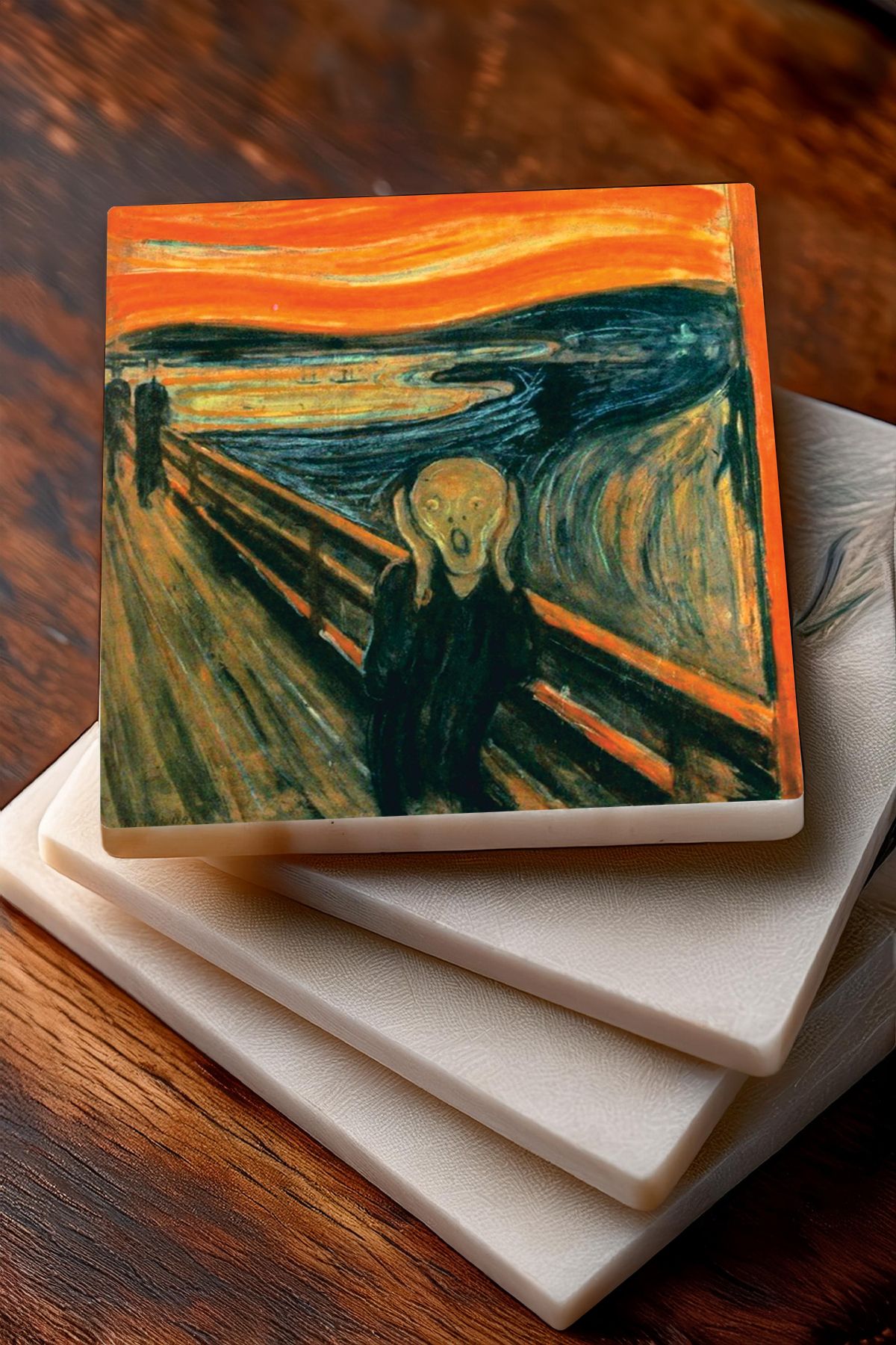 Pinecone-The Scream, Gypsy Girl Mosaic, Gustav Klimt Family Embrace, Crossing of Souls Stone Coaster Set 3