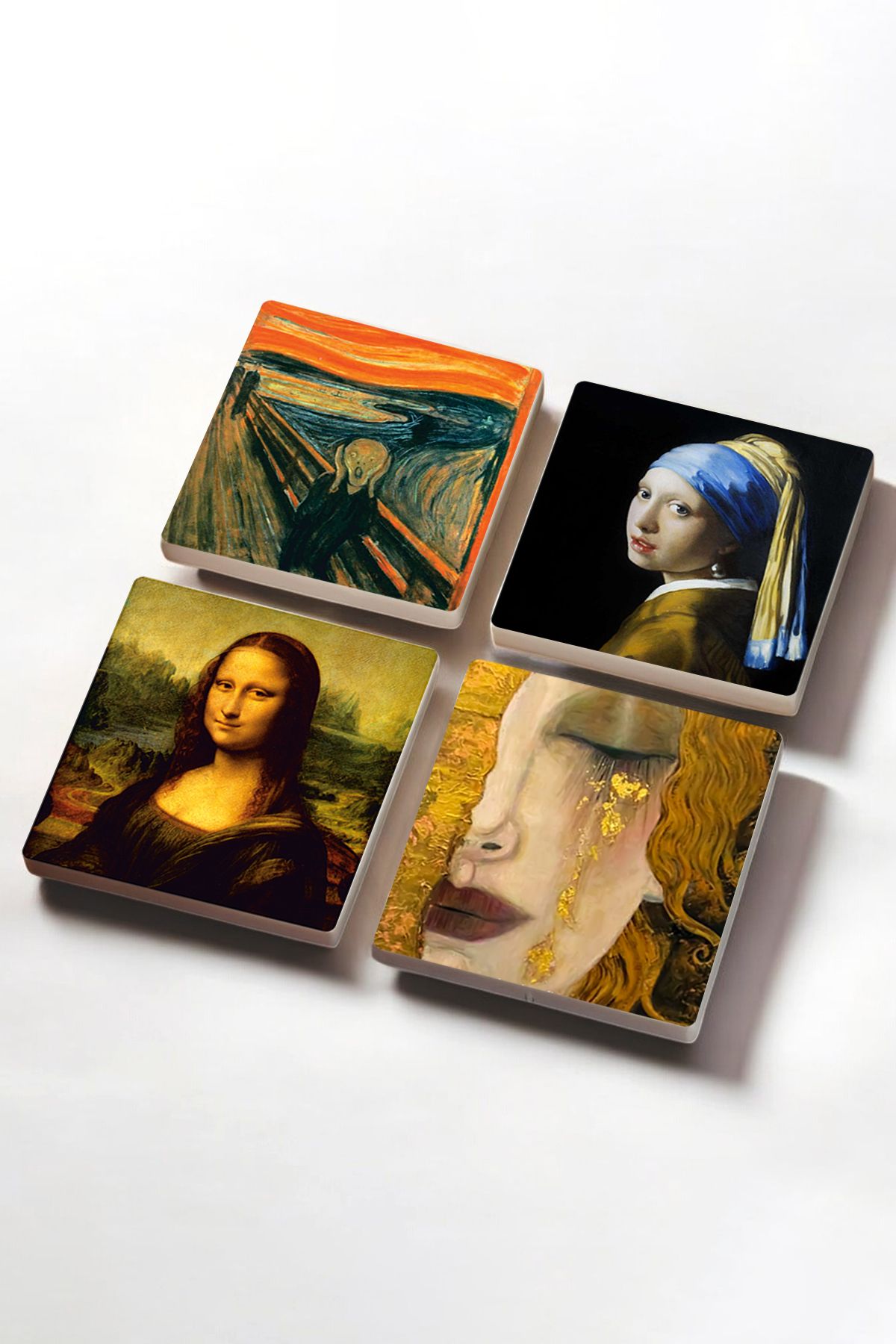 Pinecone-The Scream, Girl with a Pearl Earring, Gustav Klimt Golden Tears, Da Vinci Mona Lisa Stone Coaster Set 2