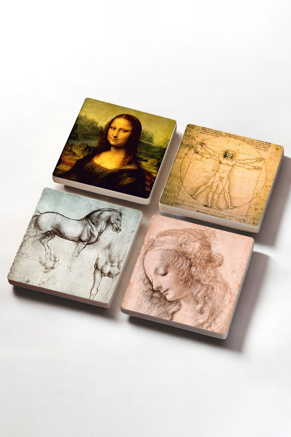 Pinecone-Da Vinci Mona Lisa, Head Profile of a Young Woman, Vitruvian Man, Horse Statue Stone Coaster Set 2