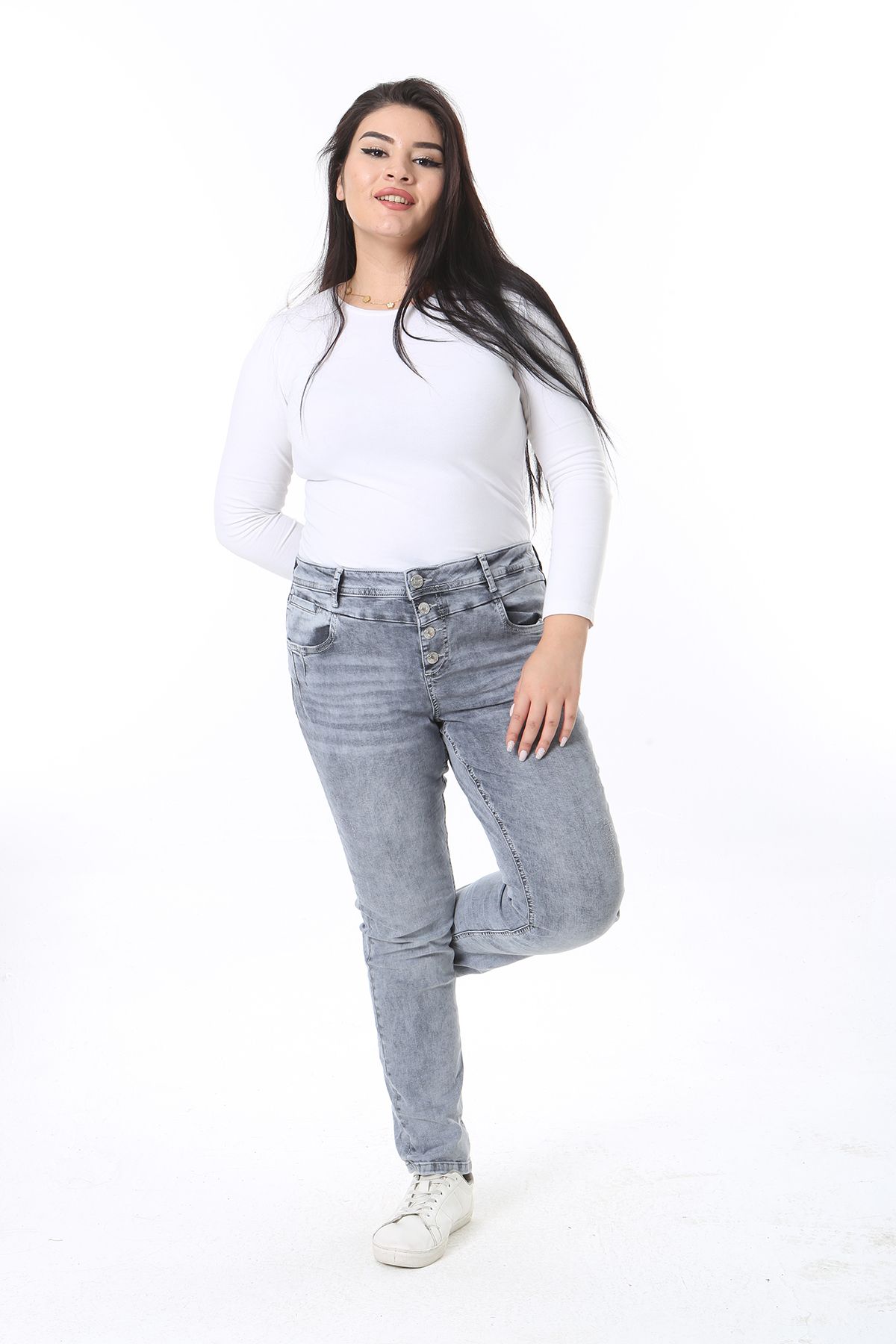 Şans-Women's Large Size Gray Washing Effect 5 Pocket Lycra Jeans 65N38392 4