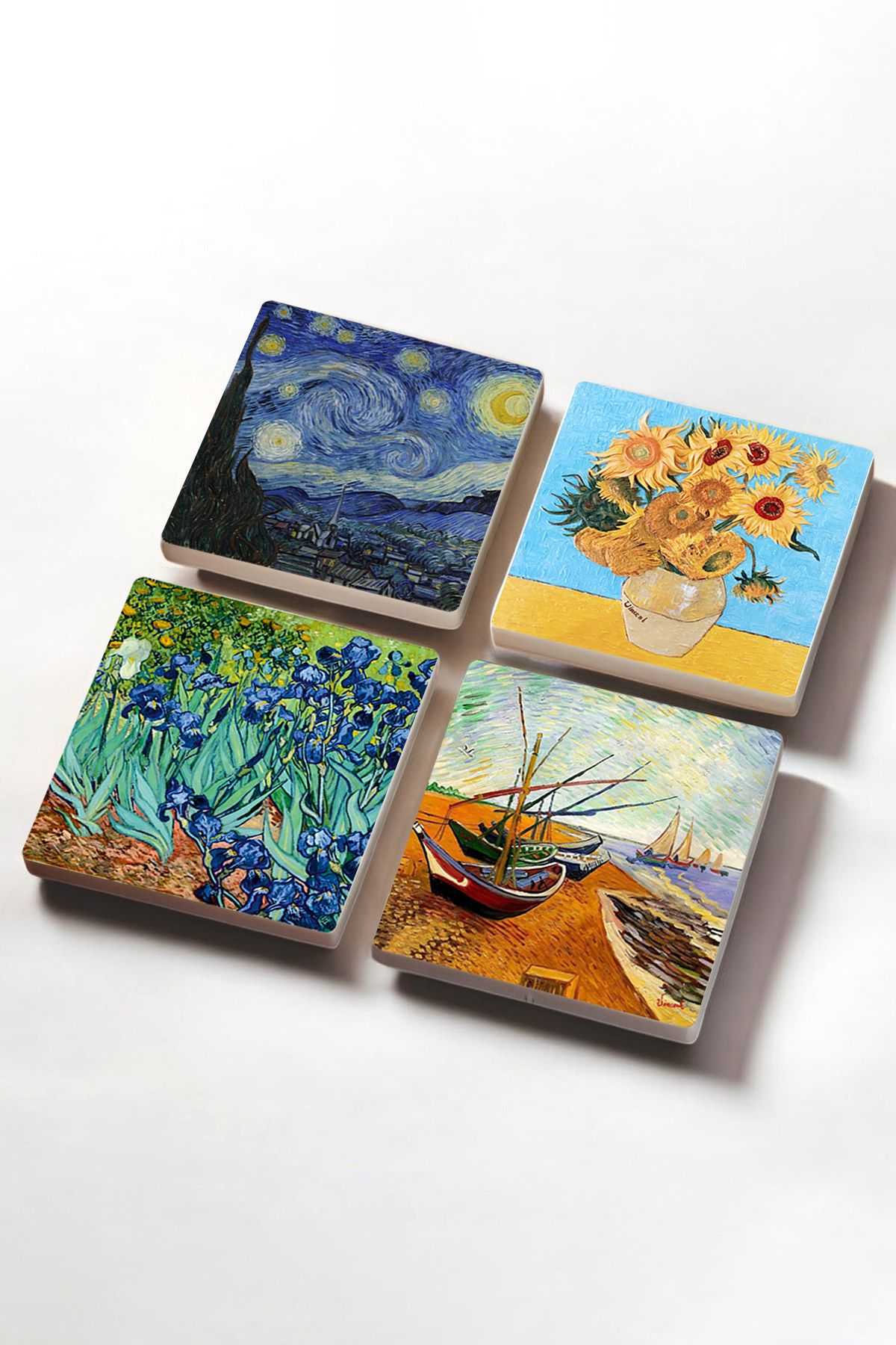 Pinecone-Van Gogh Fishing Boats, Vase with Twelve Sunflowers, Irises, Starry Night Stone Coasters Set of 4 2