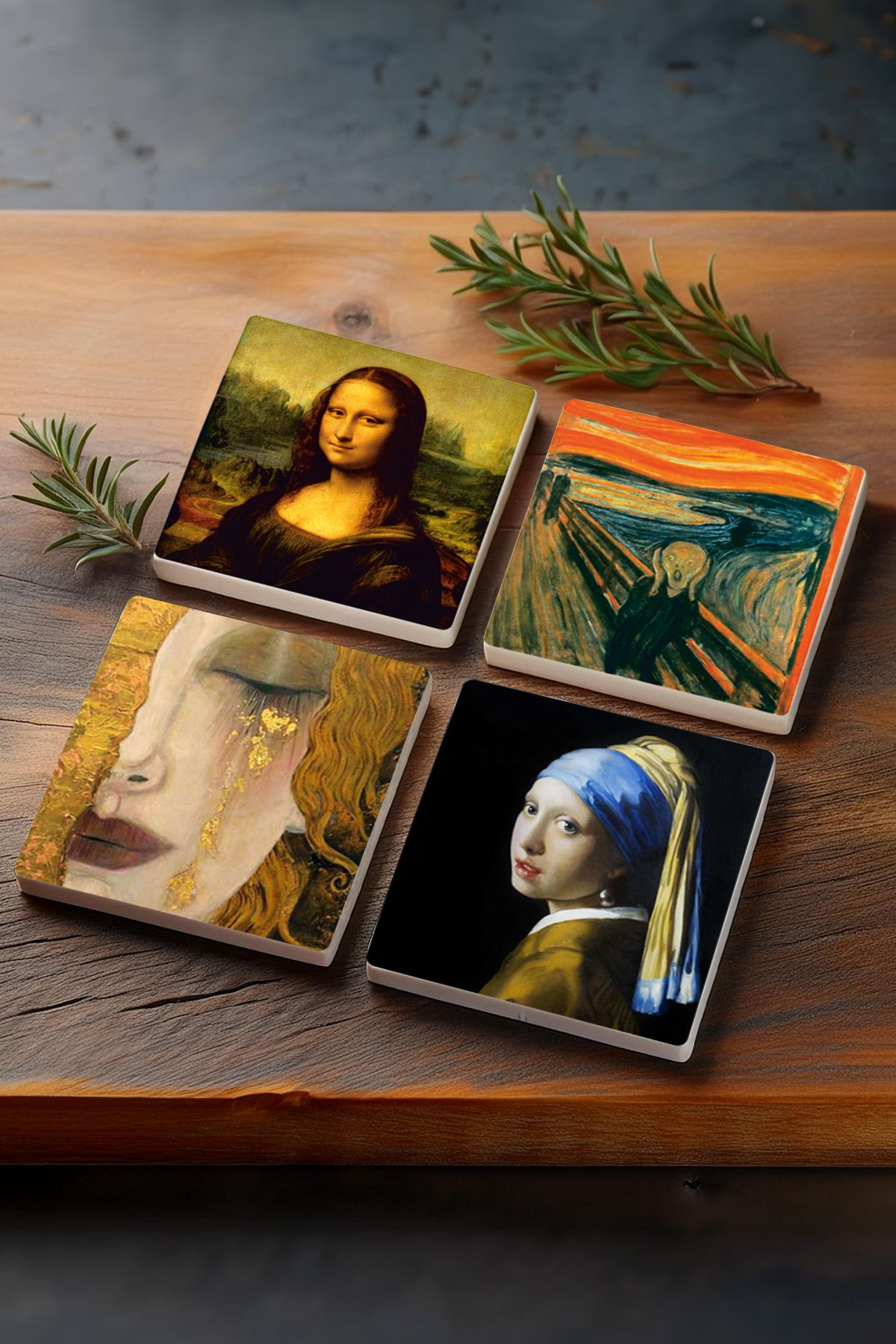 Pinecone-The Scream, Girl with a Pearl Earring, Gustav Klimt Golden Tears, Da Vinci Mona Lisa Stone Coaster Set 1