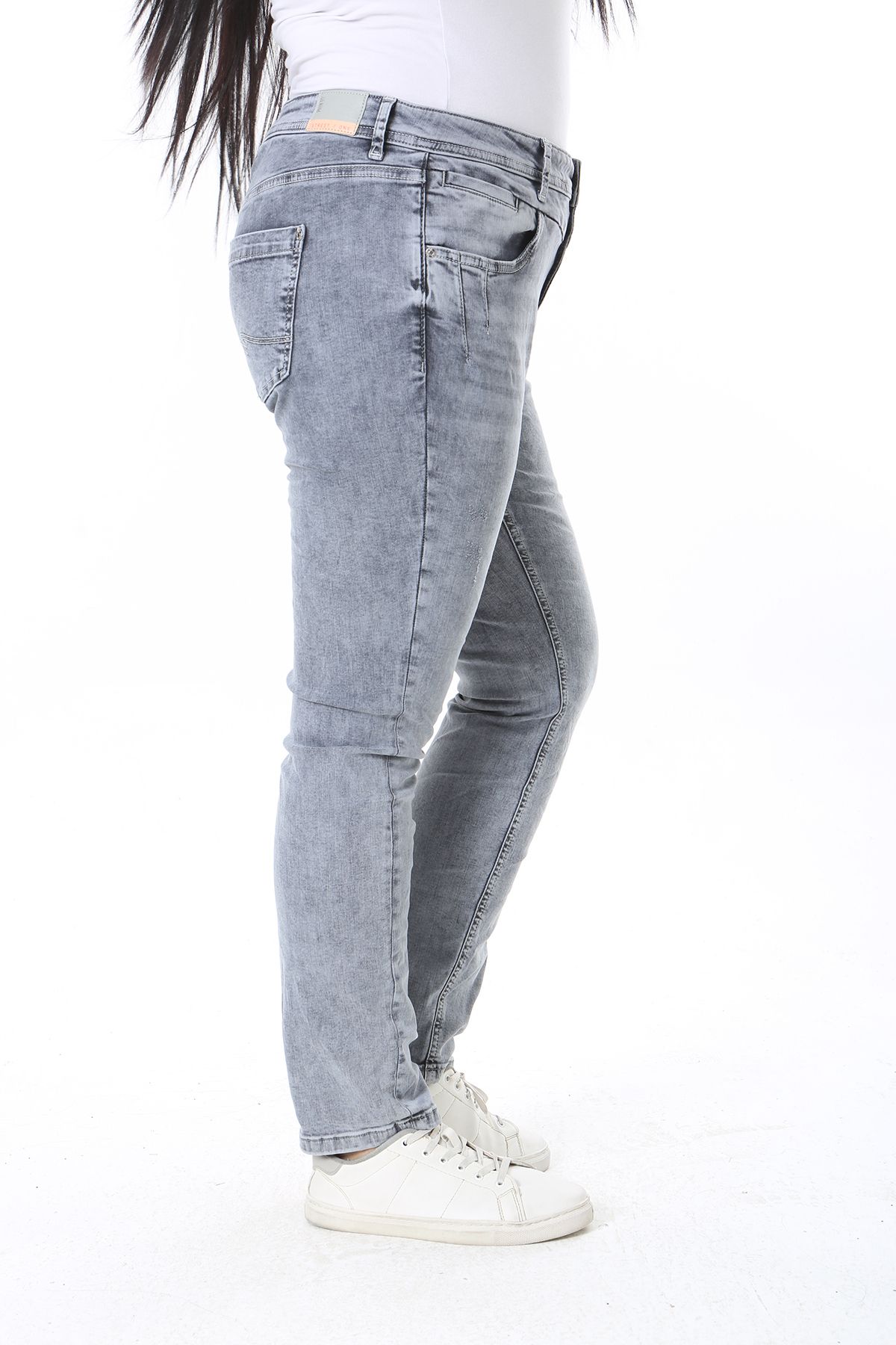 Şans-Women's Large Size Gray Washing Effect 5 Pocket Lycra Jeans 65N38392 7