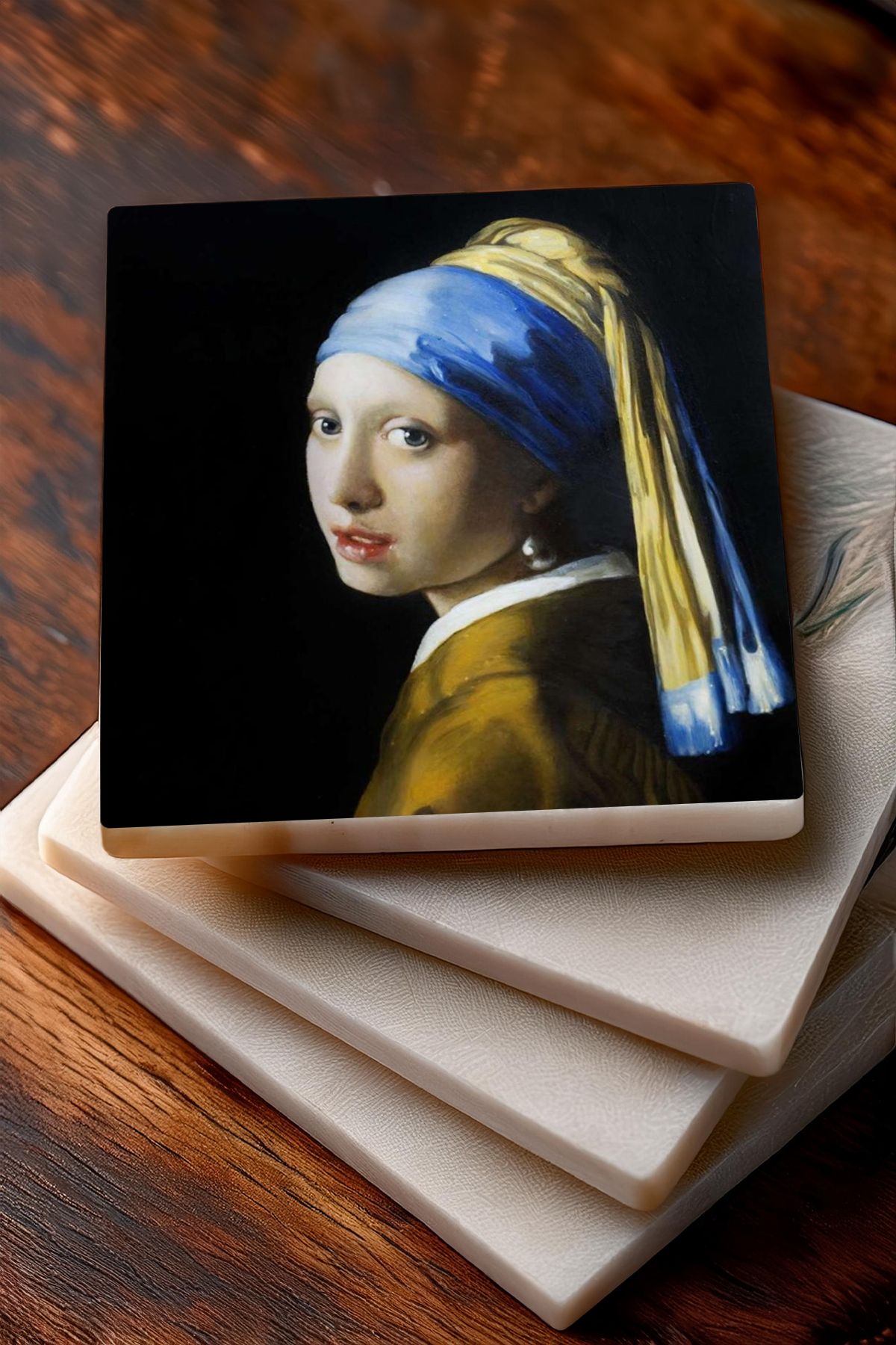 Pinecone-The Scream, Girl with a Pearl Earring, Gustav Klimt Golden Tears, Da Vinci Mona Lisa Stone Coaster Set 3