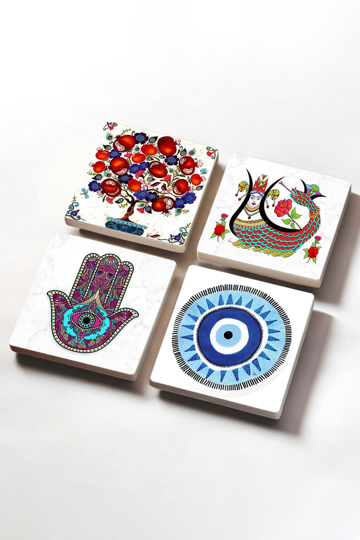 Pinecone-Evil Eye, Hand of Mother Fatma (HAMSA), Shahmaran, Pomegranate Tree Stone Coasters Set of 4 10x10cm 2