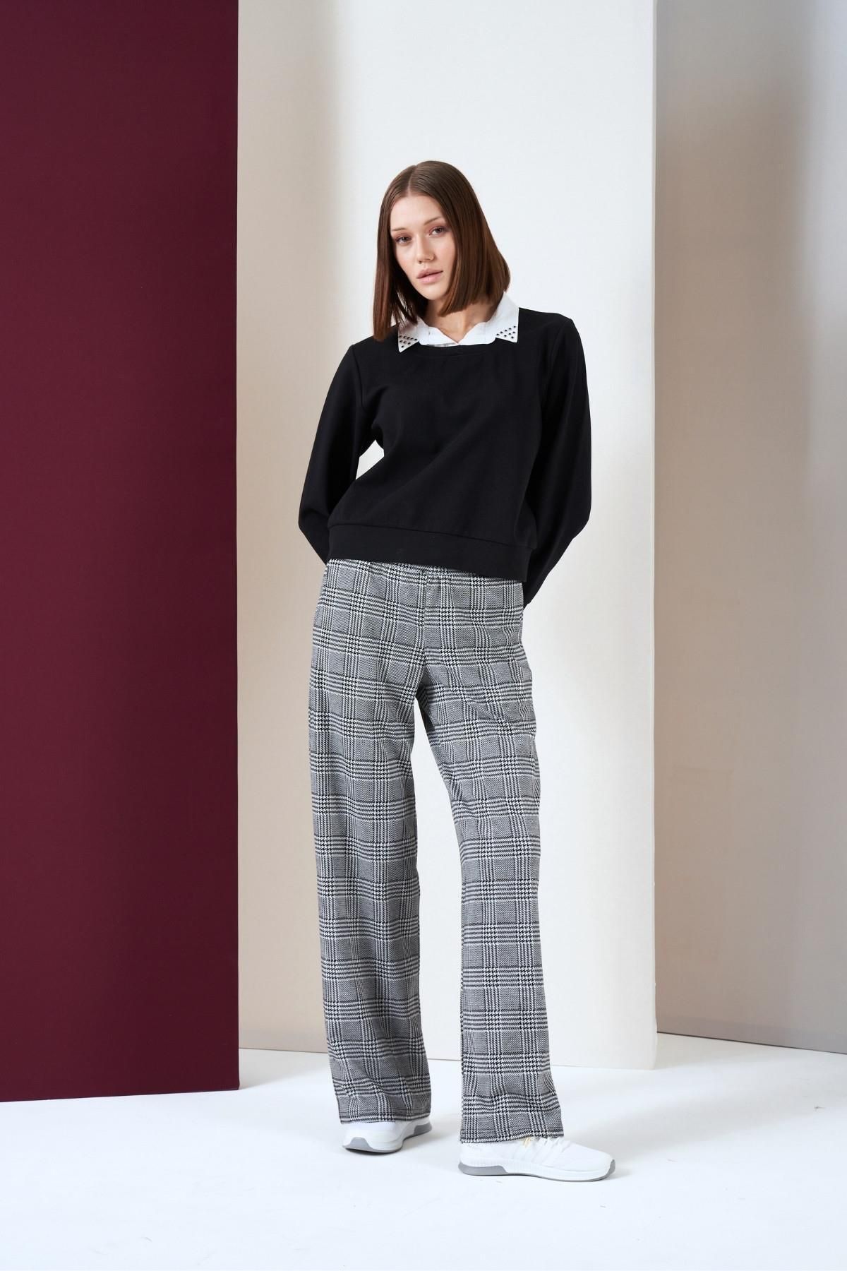 PJS-Women's Woven Fake Collar Plaid Trousers Double Set 3