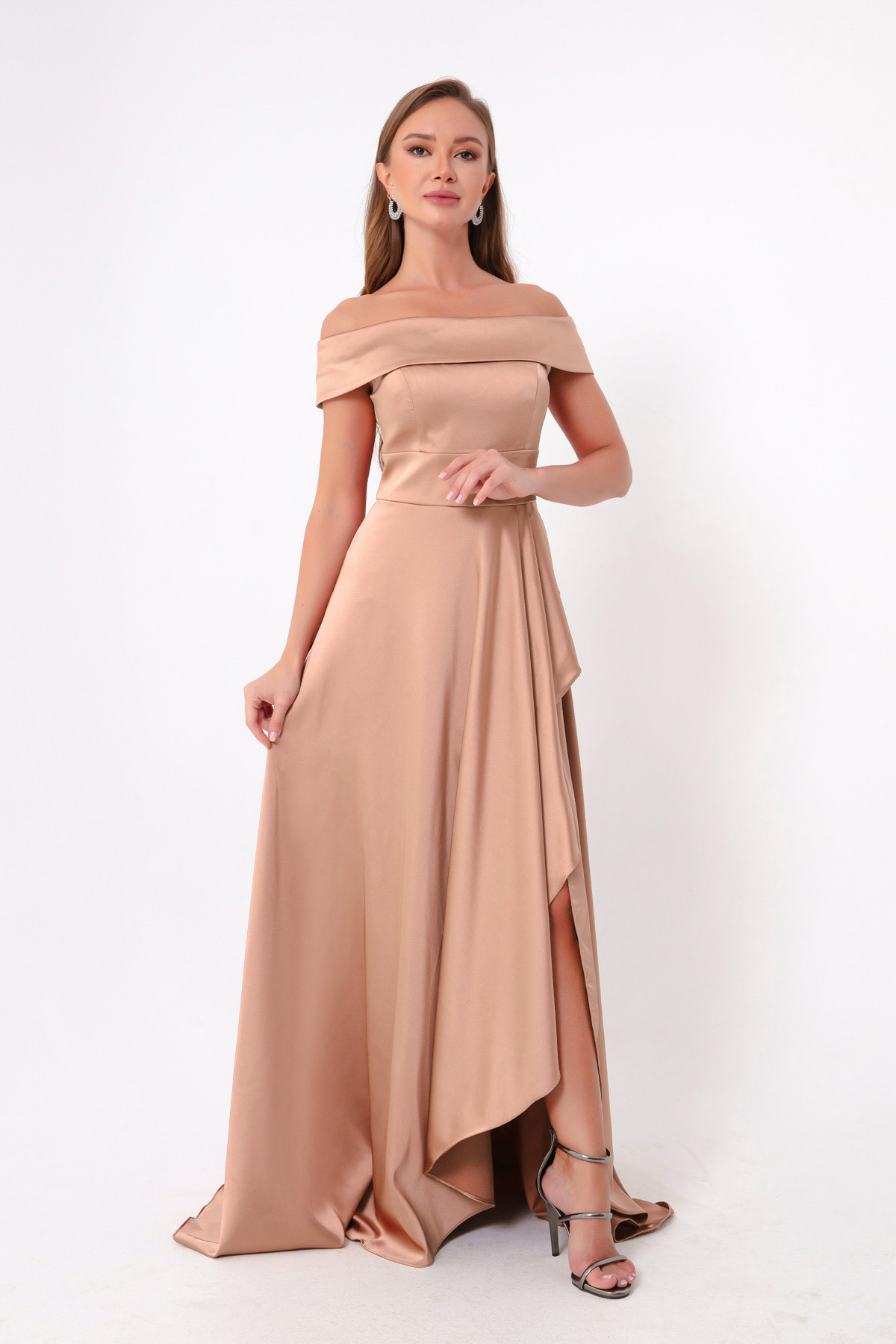 Women's Powder Boat Neck Satin Evening Dress & Graduation Dress
