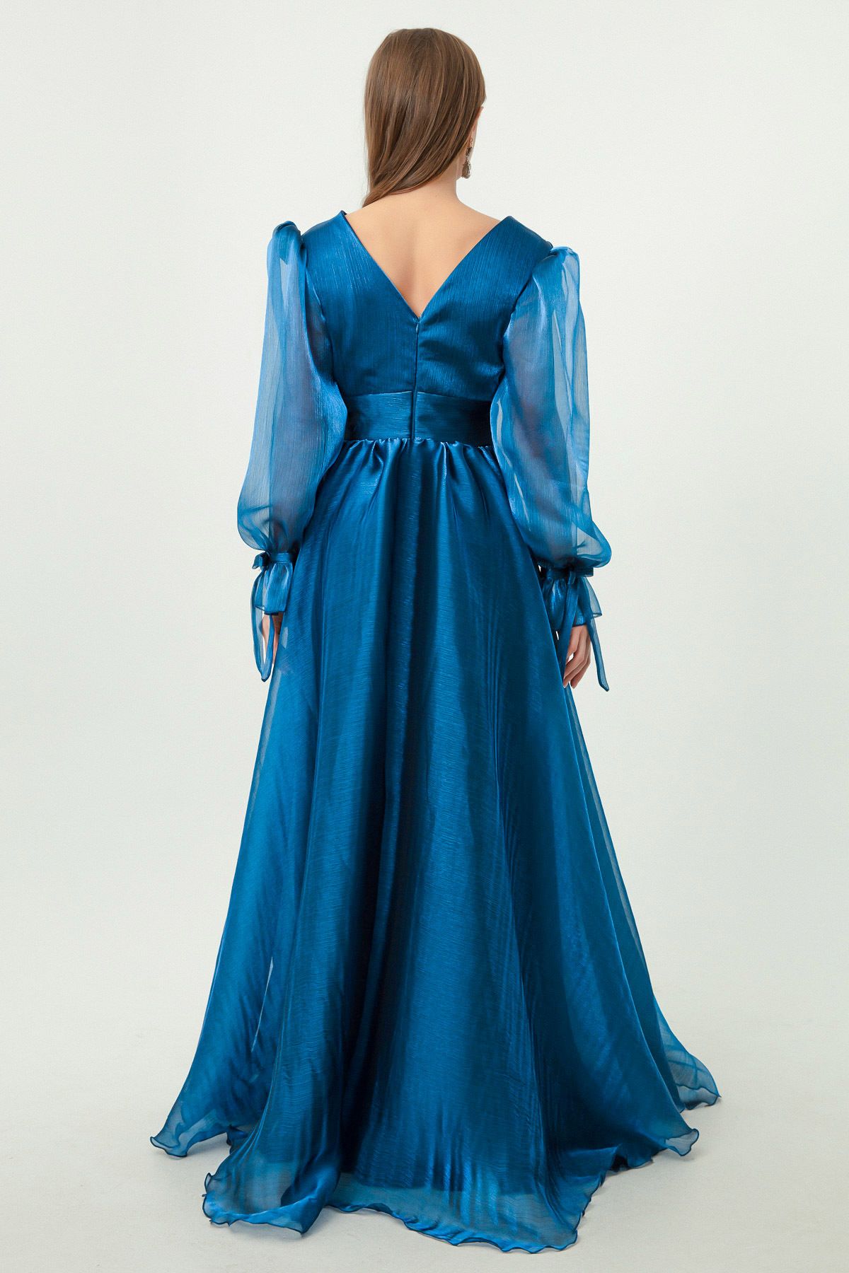 Lafaba-Langes Abendkleid mit Indigo-Ballonärmeln und V-Ausschnitt für Damen 5