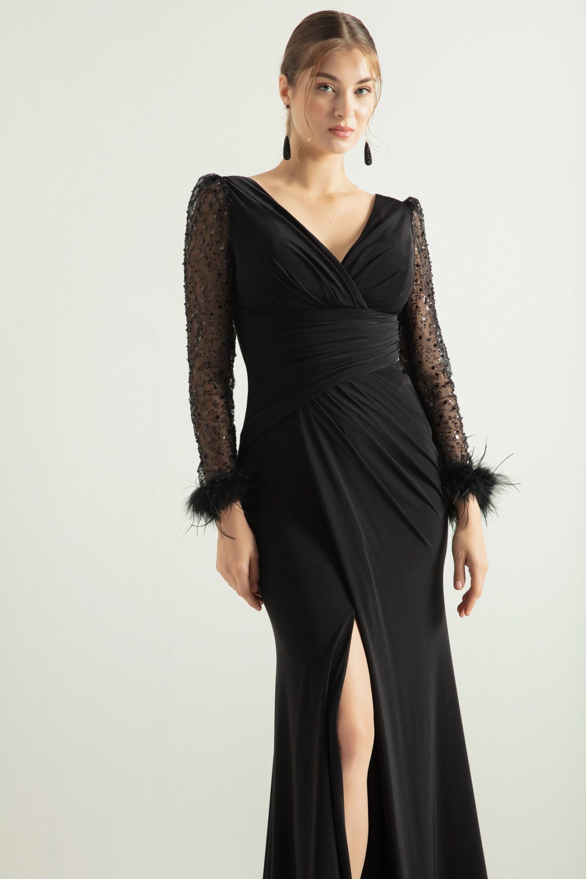 Lafaba-Women's Black V-Neck Sleeves with Stone Slits Long Evening Dress 3
