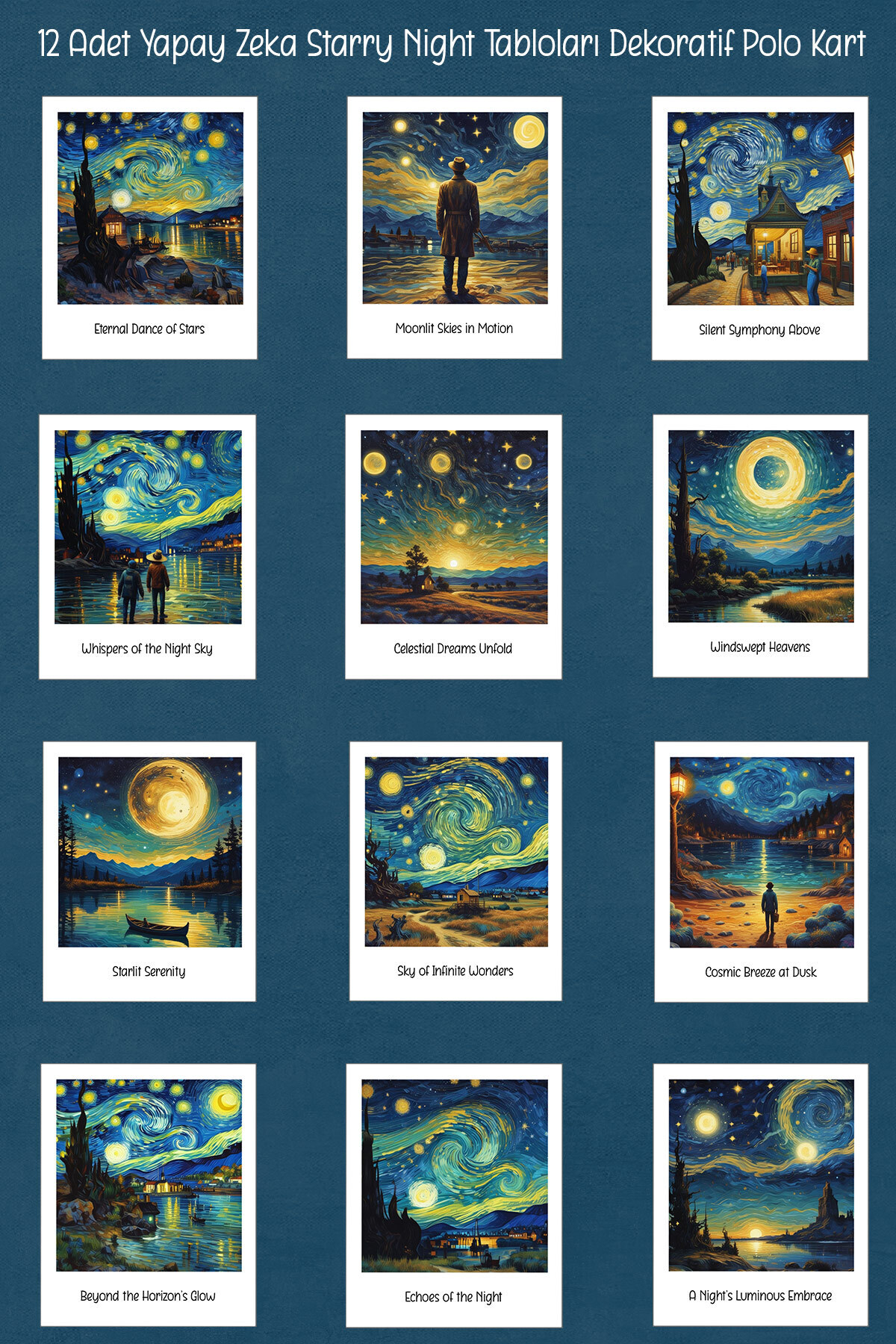 Runrux Yapay Zeka Starry Night Tabloları 12 Adet Dekoratif Polo Kart - Mantar Pano