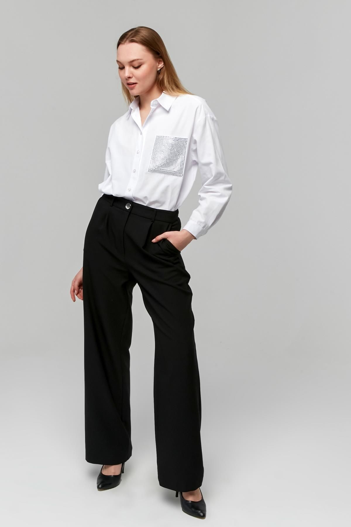 Appleline-Black Classic Fabric - Women's Pants with Wide Legs and Pockets 3