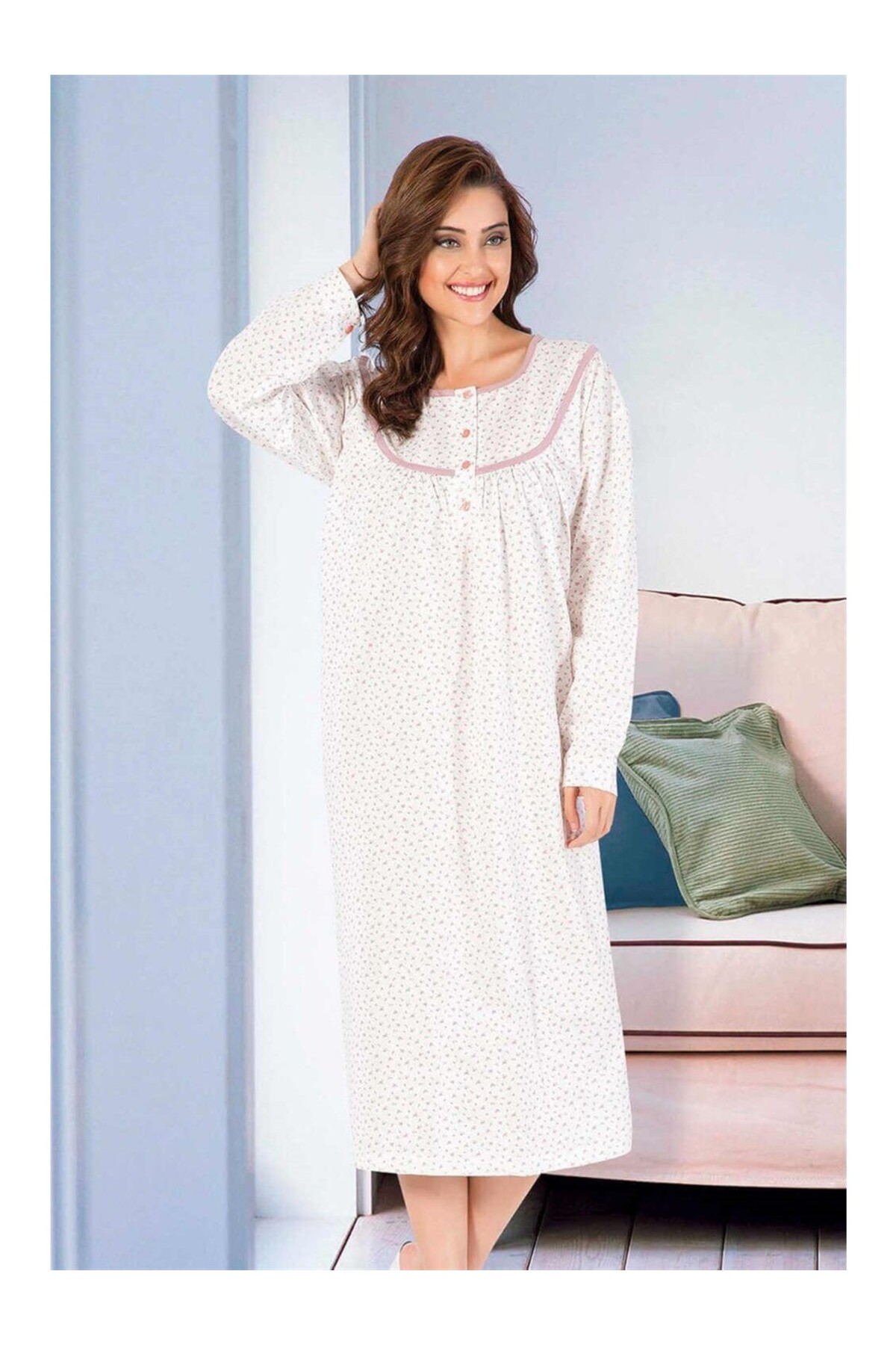 Aydoğan Patlı Uzun Kollu Çiçek Desenli Anne Gecelik