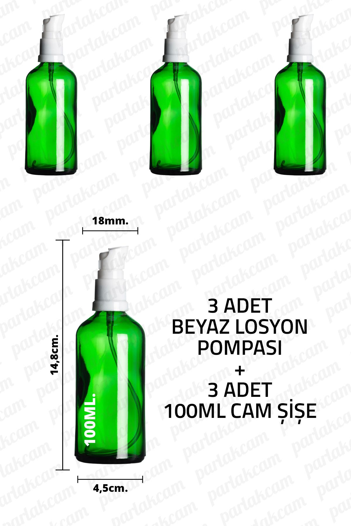 parlakcam 100ml Beyaz Losyon Pompası Yeşil Cam Şişe 100cc Beyaz Krem Pompası Başlıklı Yeşil Cam Şişe 3 Adet