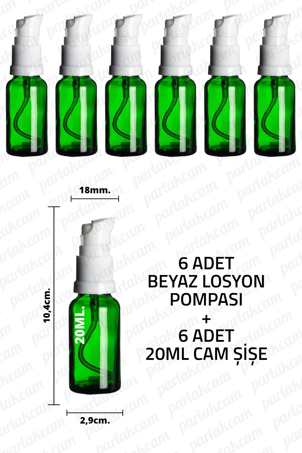 parlakcam 20ml Beyaz Losyon Pompası Yeşil Cam Şişe 20cc Beyaz Krem Pompası Başlıklı Yeşil Cam Şişe 6 Adet