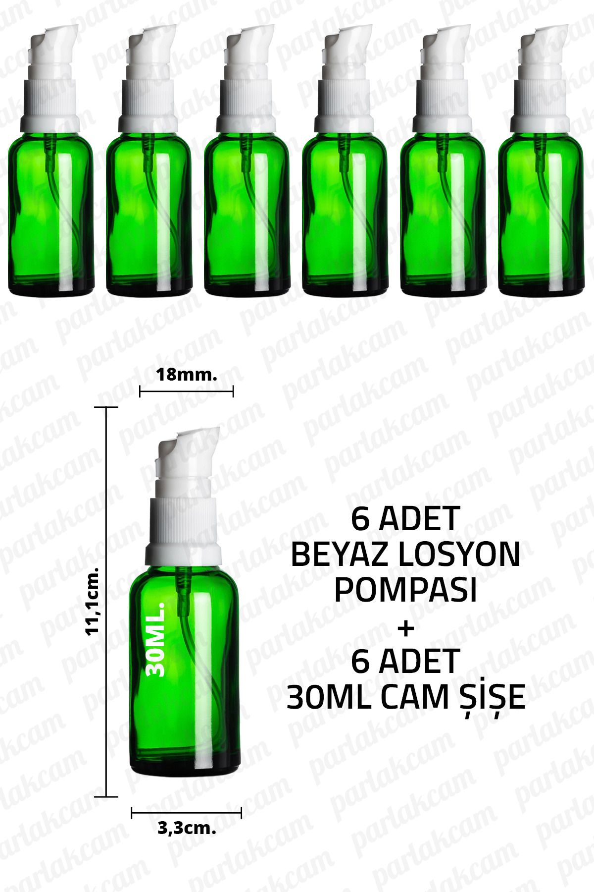 parlakcam 30ml Beyaz Losyon Pompası Yeşil Cam Şişe 30cc Beyaz Krem Pompası Başlıklı Yeşil Cam Şişe 6 Adet