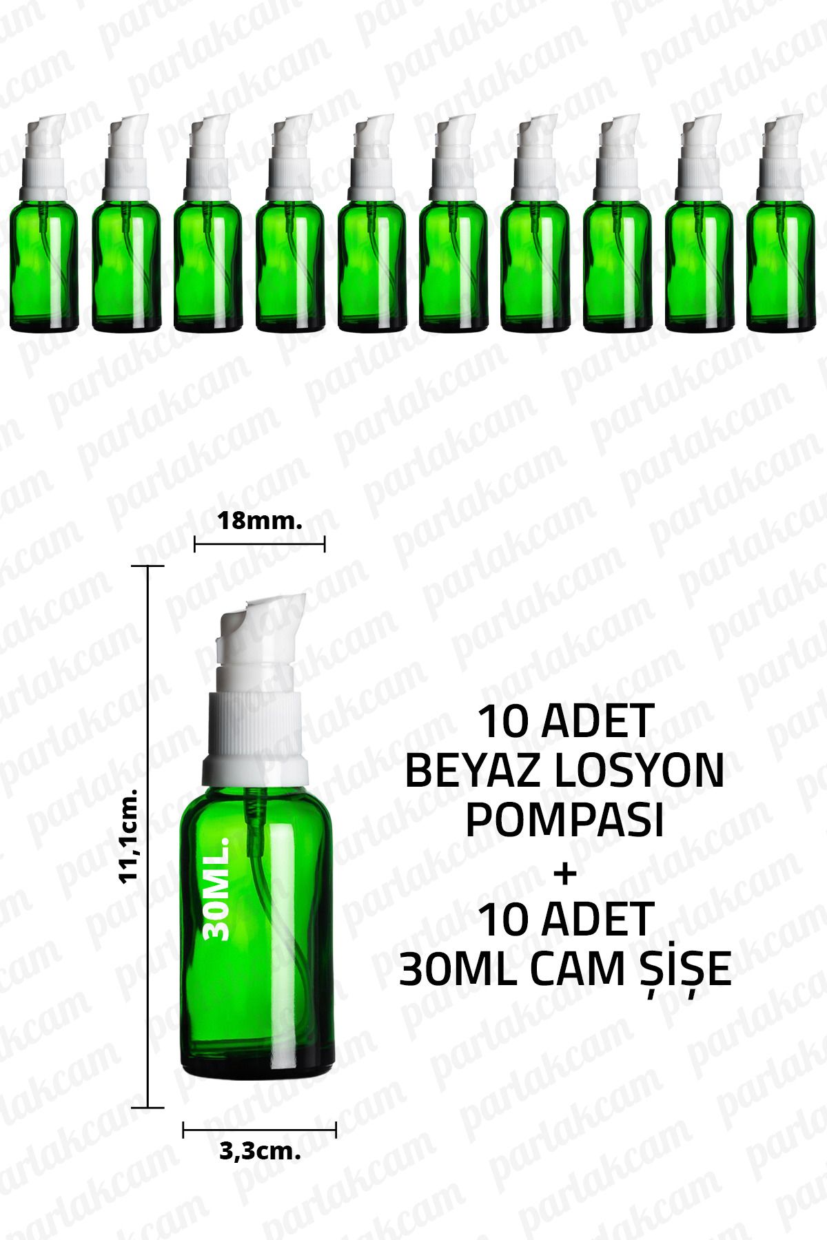 parlakcam 30ml Beyaz Losyon Pompası Yeşil Cam Şişe 30cc Beyaz Krem Pompası Başlıklı Yeşil Cam Şişe 10 Adet