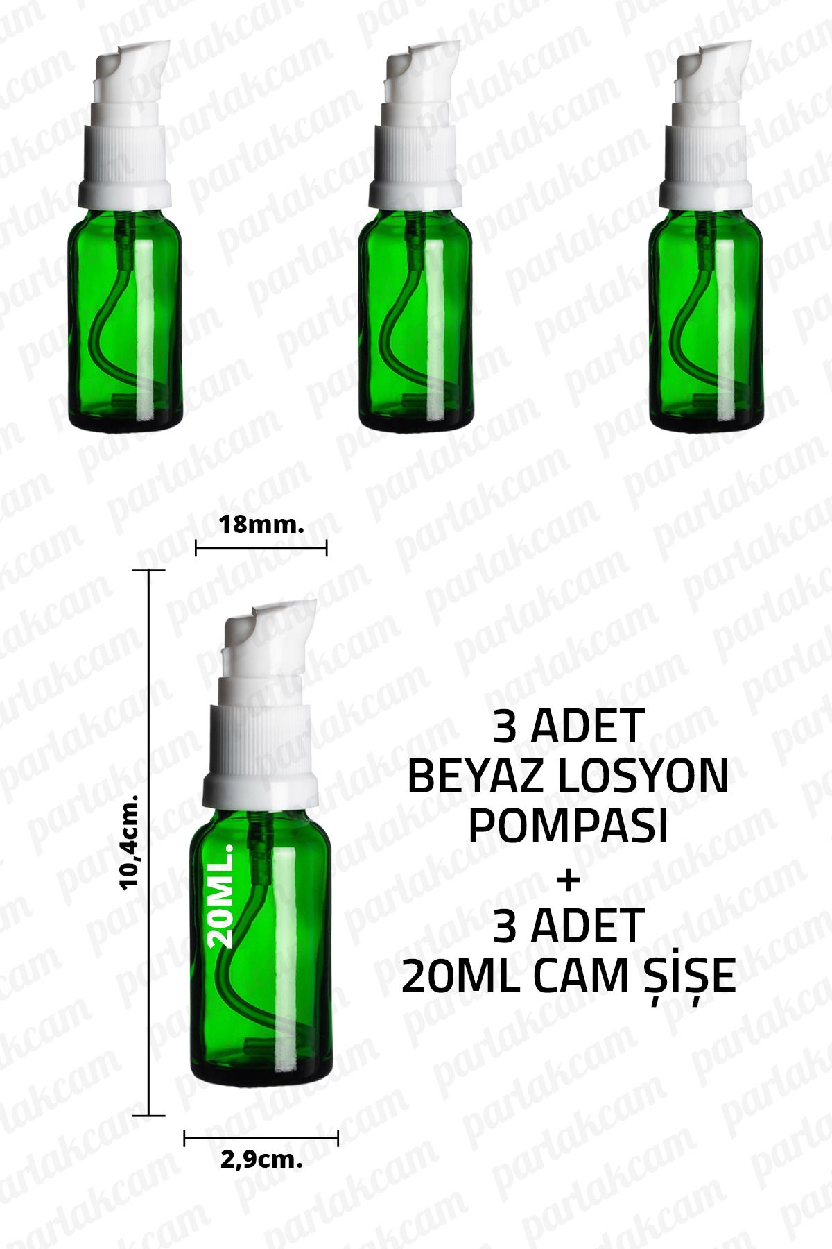 parlakcam 20ml Beyaz Losyon Pompası Yeşil Cam Şişe 20cc Beyaz Krem Pompası Başlıklı Yeşil Cam Şişe 3 Adet