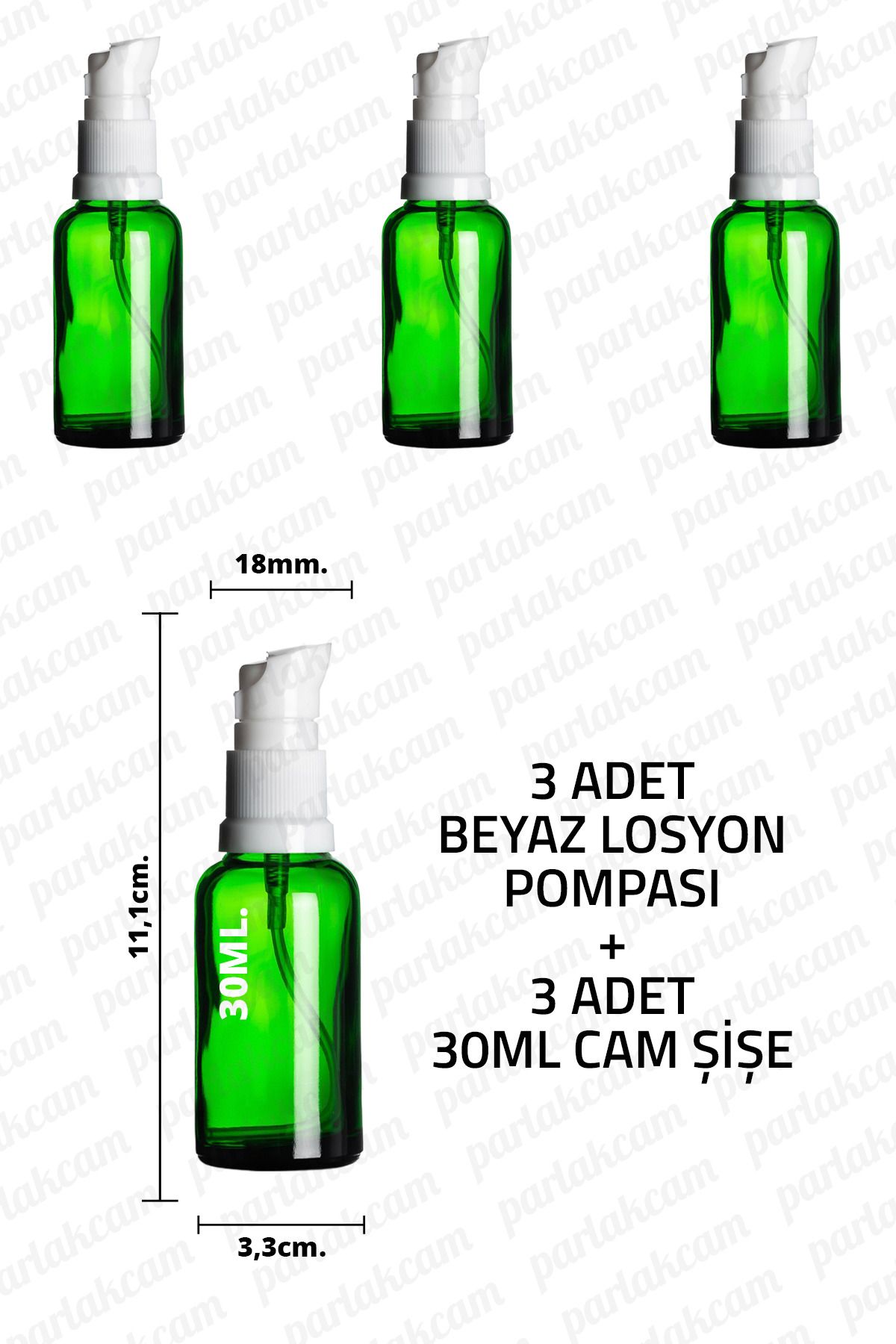 parlakcam 30ml Beyaz Losyon Pompası Yeşil Cam Şişe 30cc Beyaz Krem Pompası Başlıklı Yeşil Cam Şişe 3 Adet