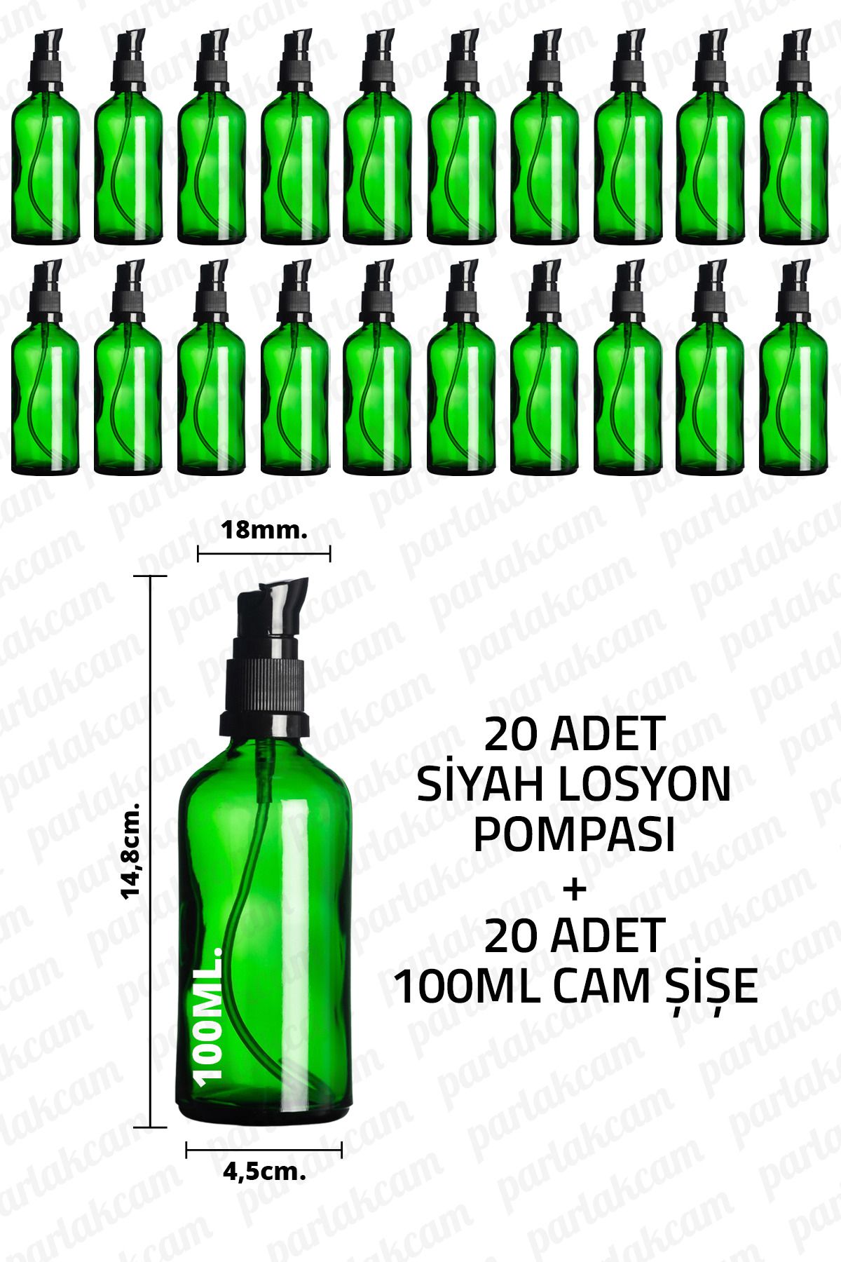 parlakcam 100ml Siyah Losyon Pompası Yeşil Cam Şişe 100cc Siyah Krem Pompası Başlıklı Yeşil Cam Şişe 20 Adet