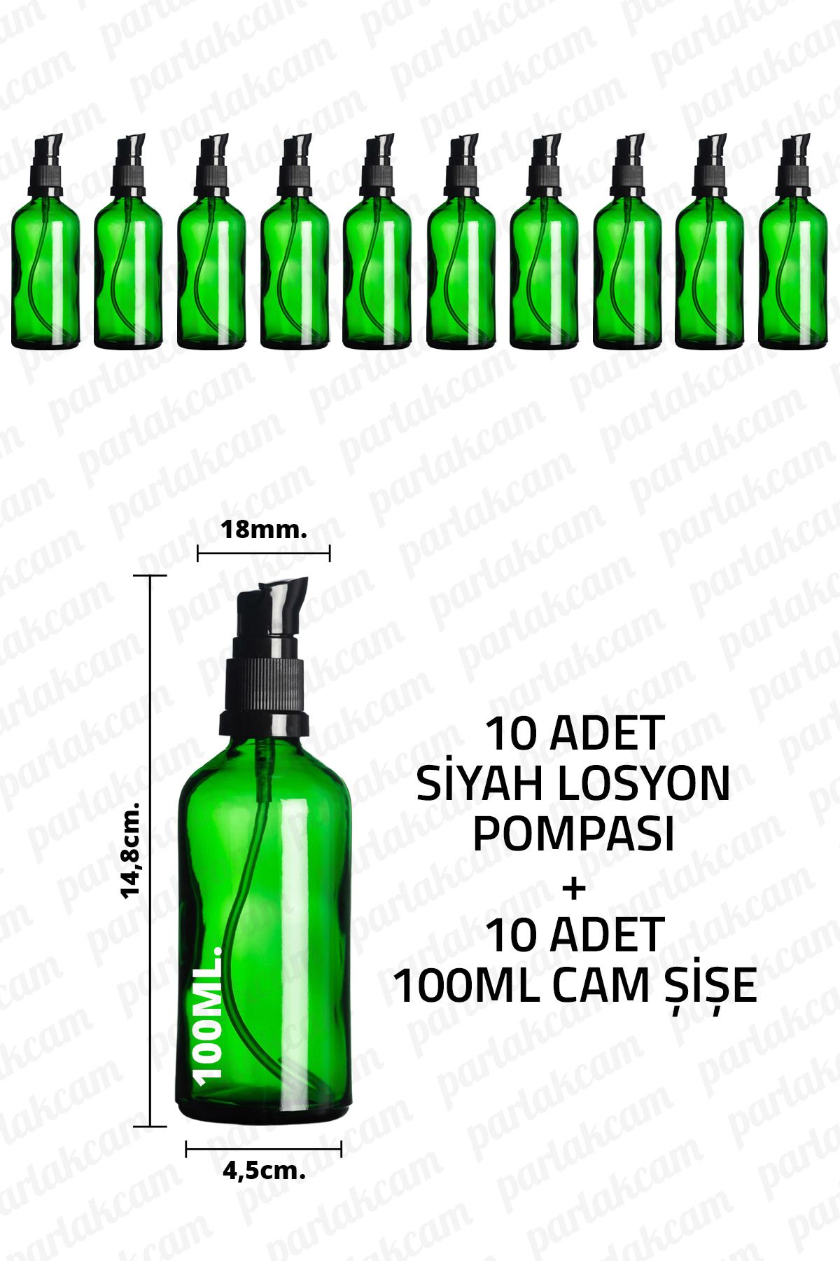 parlakcam 100ml Siyah Losyon Pompası Yeşil Cam Şişe 100cc Siyah Krem Pompası Başlıklı Yeşil Cam Şişe 10 Adet