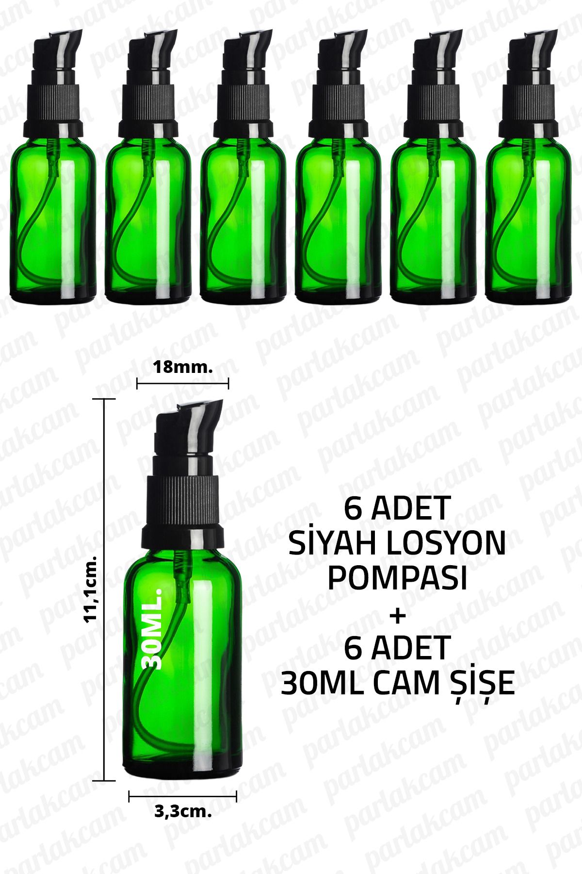 parlakcam 30ml Siyah Losyon Pompası Yeşil Cam Şişe 30cc Siyah Krem Pompası Başlıklı Yeşil Cam Şişe 6 Adet