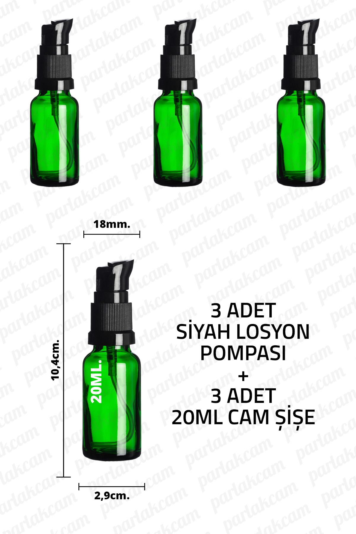 parlakcam 20ml Siyah Losyon Pompası Yeşil Cam Şişe 20cc Siyah Krem Pompası Başlıklı Yeşil Cam Şişe 3 Adet