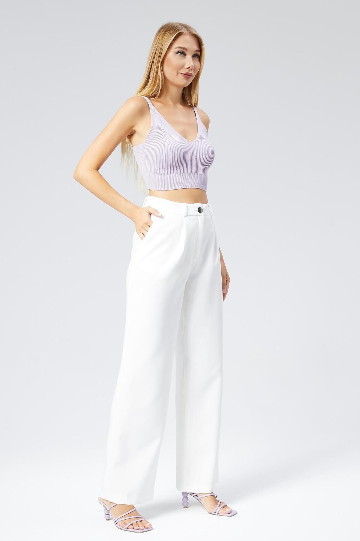 Appleline-White Classic Fabric - Wide Leg and Pocket Women's Trousers 7