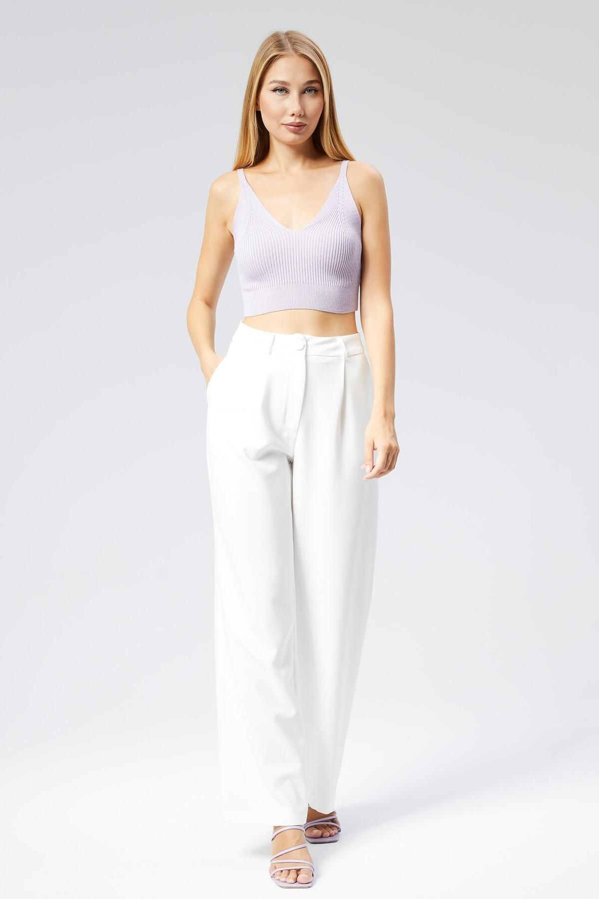 Appleline-White Classic Fabric - Wide Leg and Pocket Women's Trousers 3