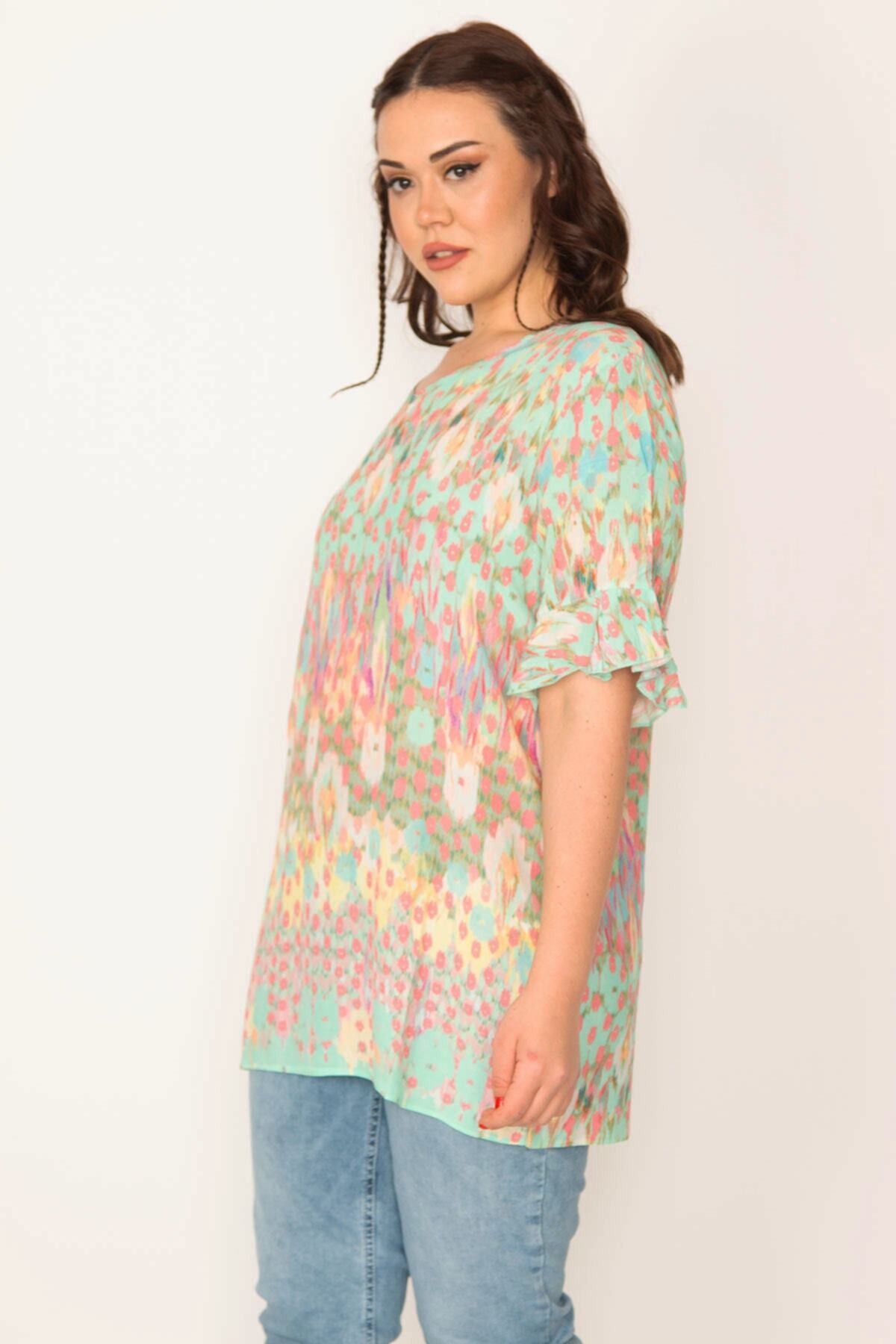 Şans-Women's Plus Size Green V-Neck Flounce Sleeve Blouse 65n32088 4