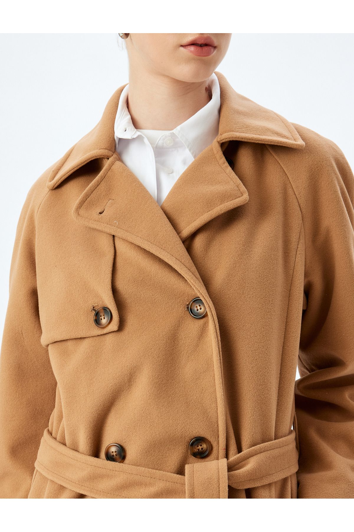 Koton-Double Breasted Long Stitched Coat with Buttoned Pockets and Belt Detail 5