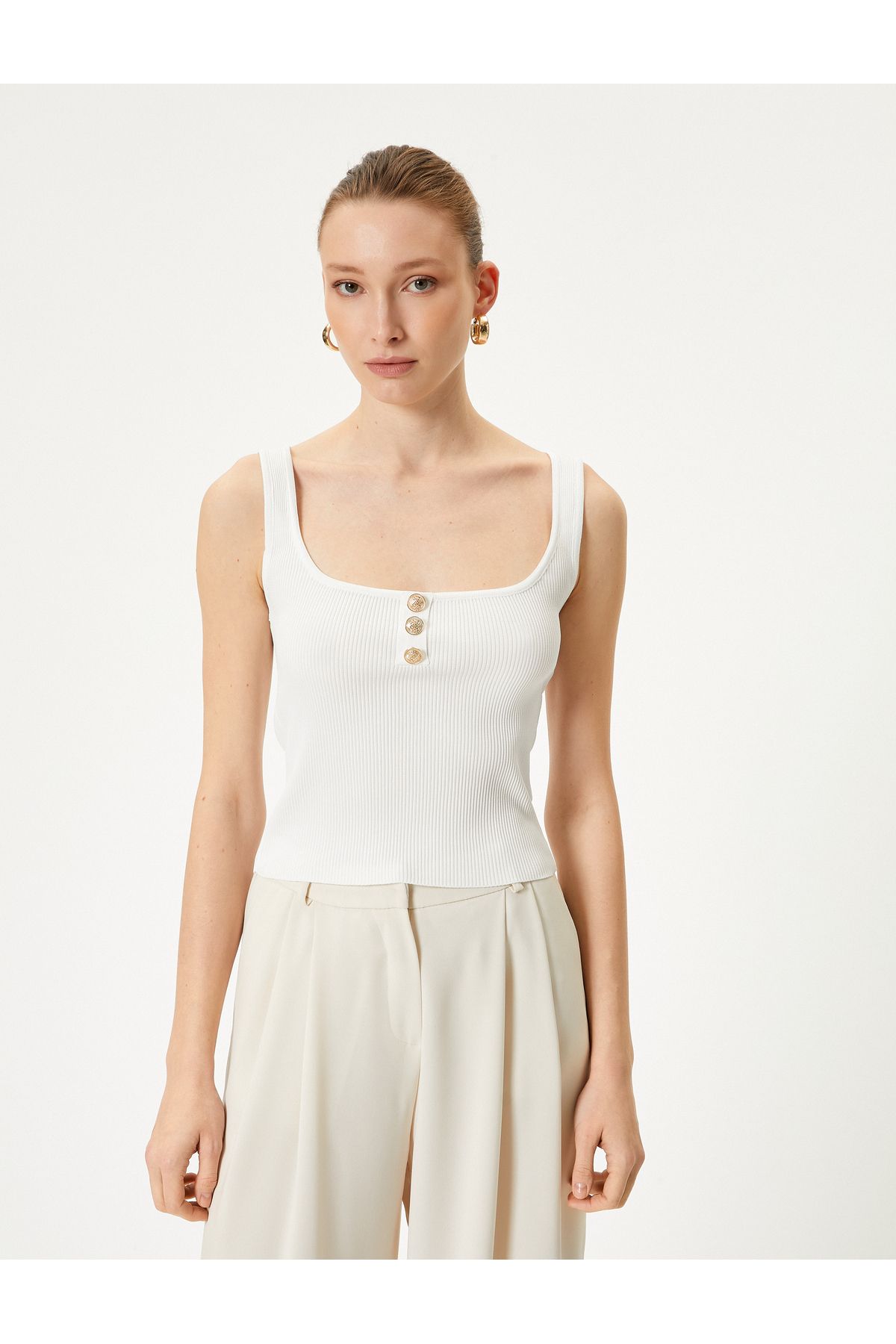 Koton-Corded Square Neck Undershirt - With Straps and Buttons 3