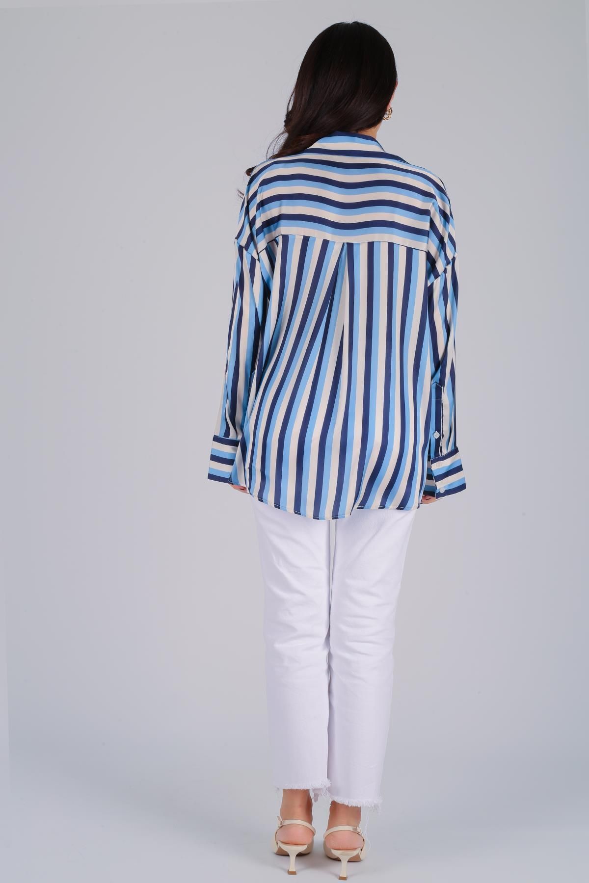 FACETTE-Women's Striped Oversize Satin Shirt 5