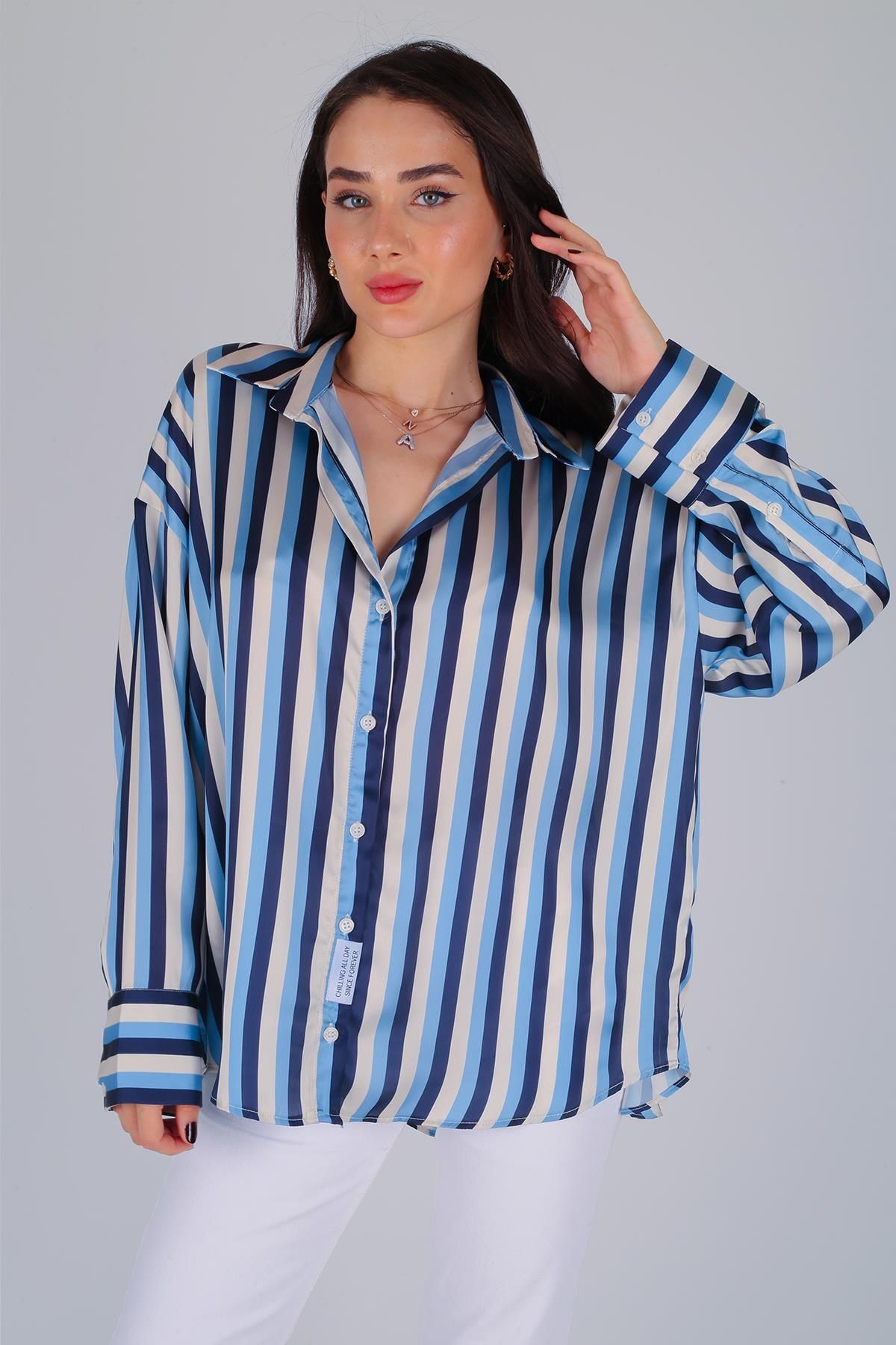 FACETTE-Women's Striped Oversize Satin Shirt 3