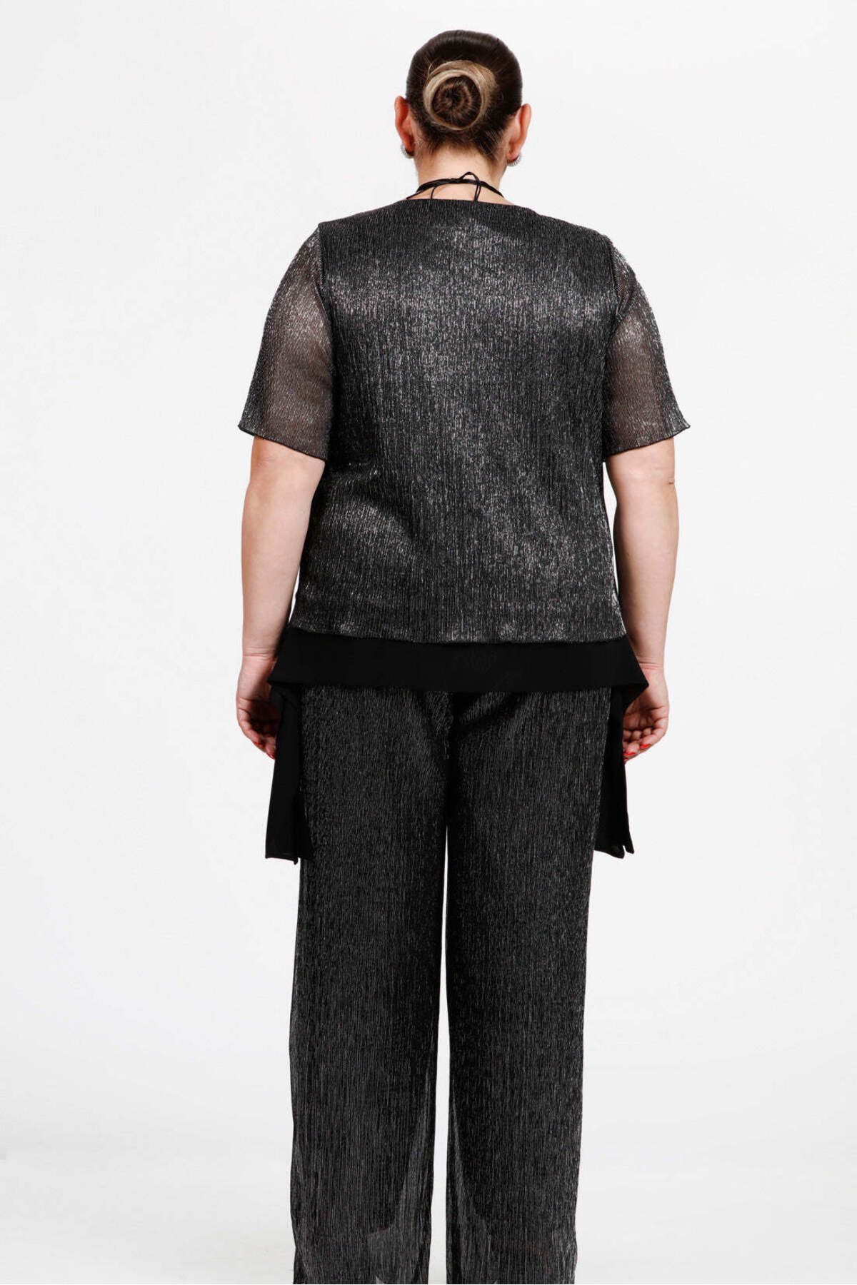 Gemko-Black Glitter Pleated Blouse and Pants Set - Silver 6