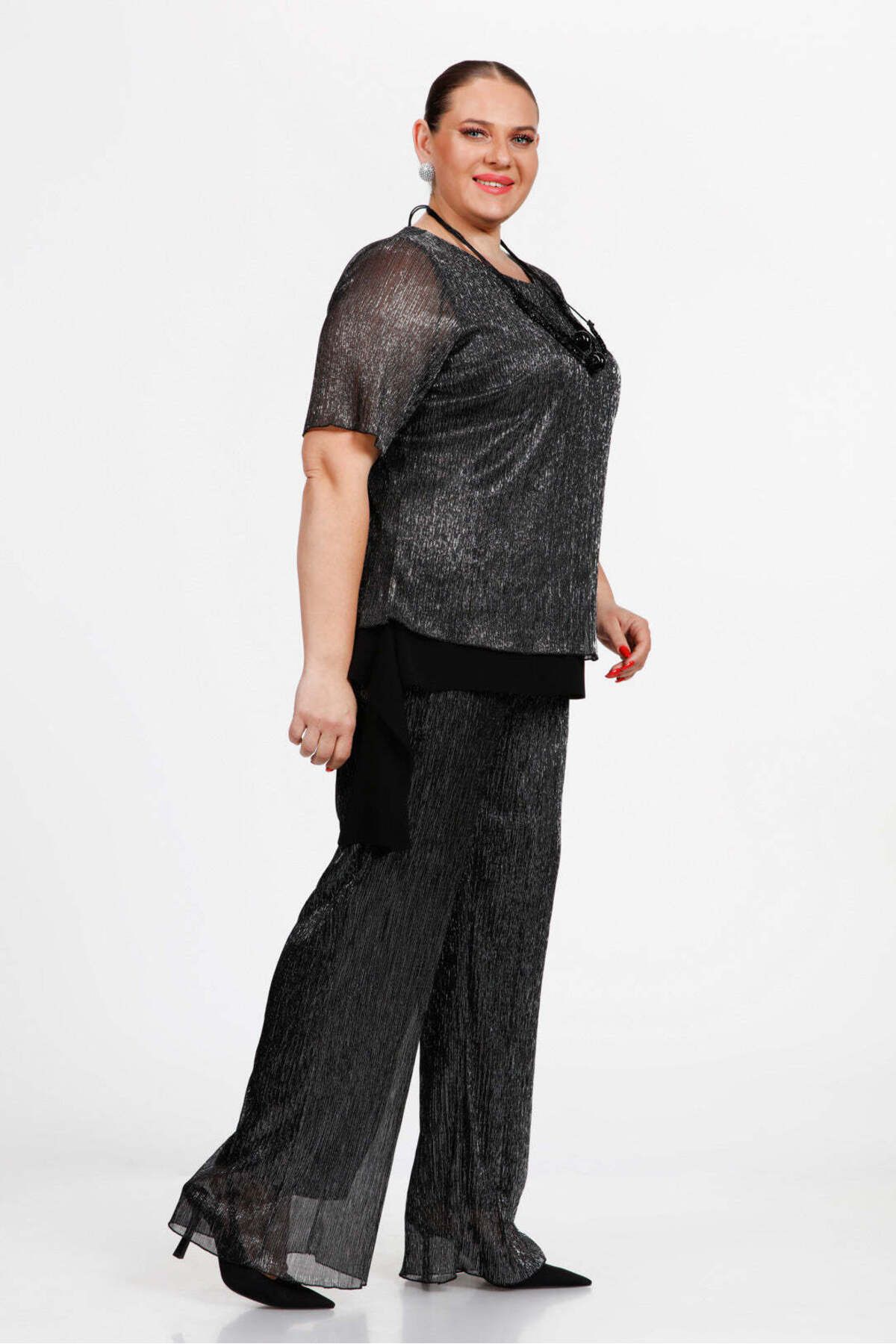 Gemko-Black Glitter Pleated Blouse and Pants Set - Silver 2