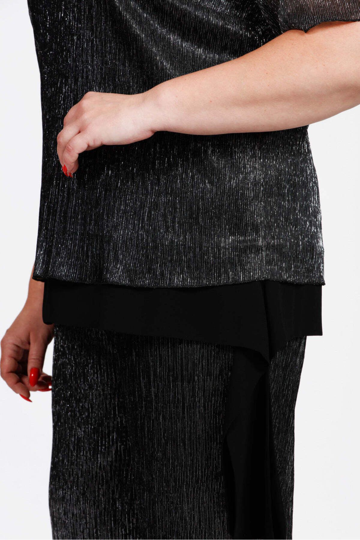 Gemko-Black Glitter Pleated Blouse and Pants Set - Silver 4